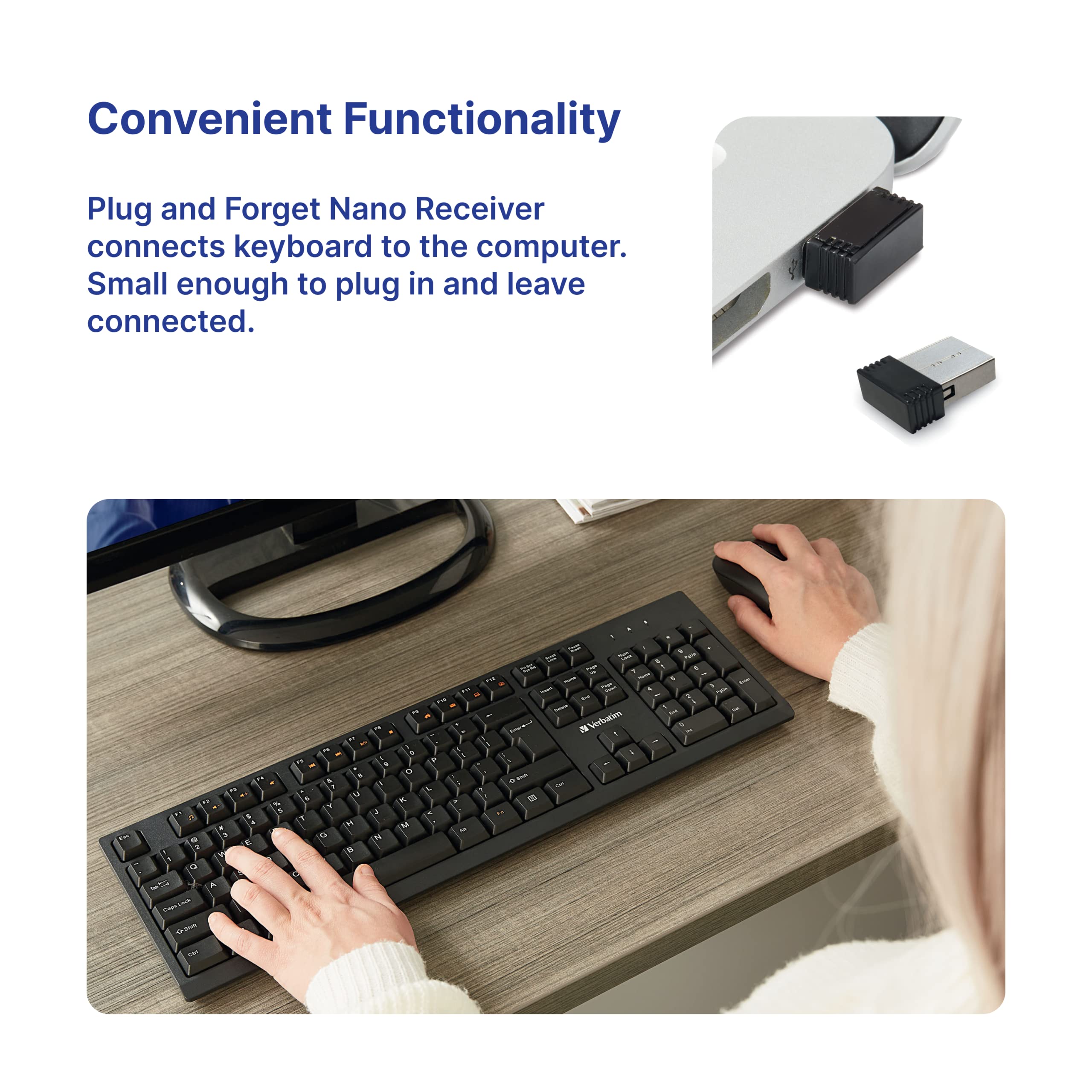 Verbatim Slimline Wireless Keyboard 2.4GHz USB Plug-and-Play Numeric Keypad Adjustable Tilt Legs Wireless Full-Size Computer Keyboard Compatible with PC, Laptop -Frustration Free Packaging Black 70738