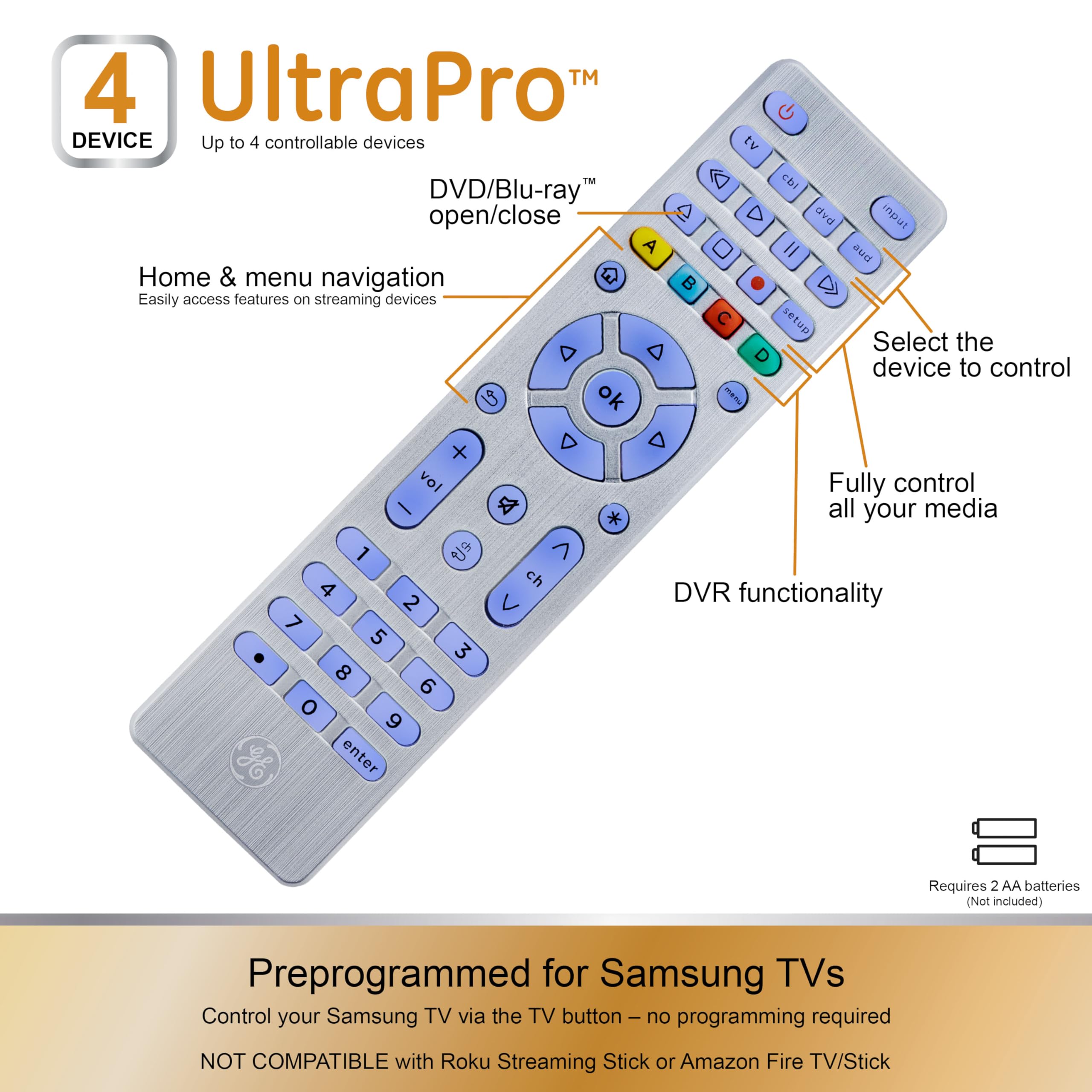 GE 4-Device Universal Remote Control - Backlit Buttons, Samsung, LG, Vizio, Sony, Roku & Apple TV Replacement, Silver, 48844