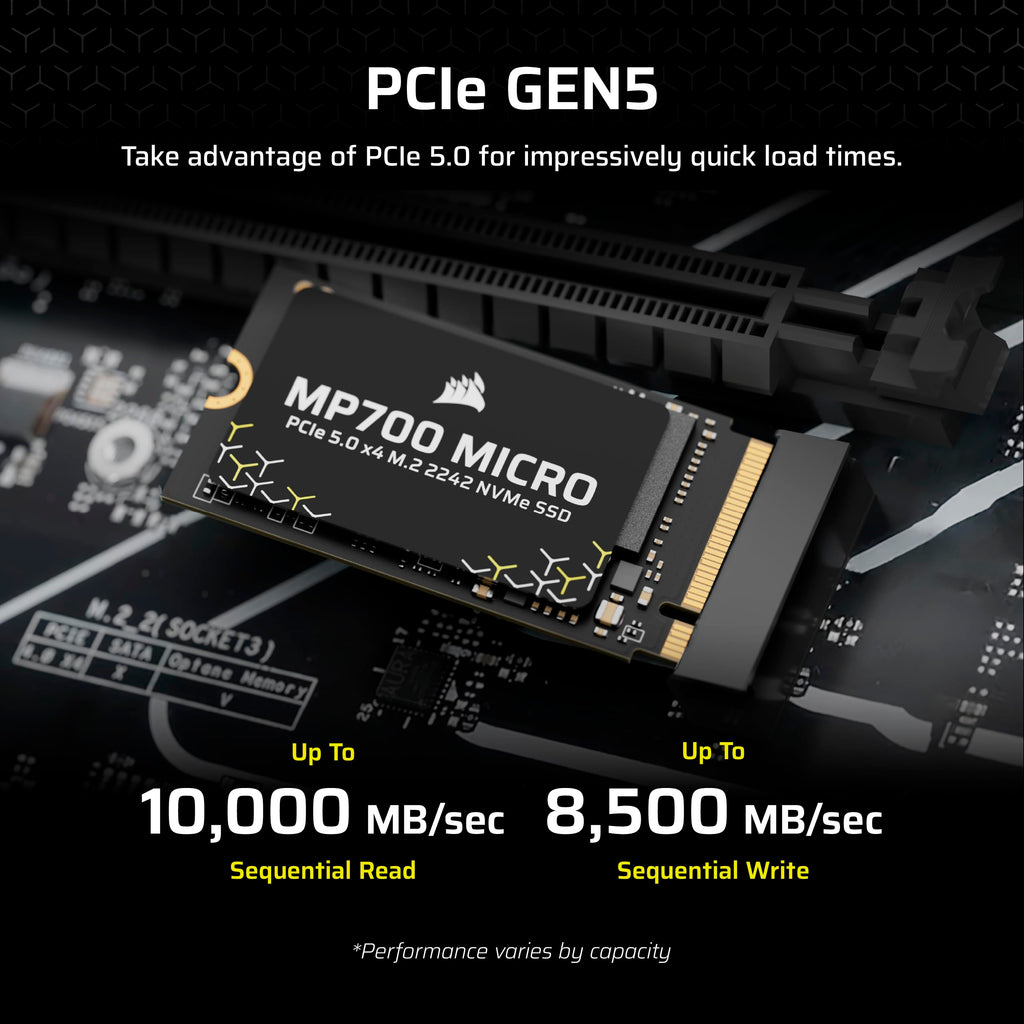 Corsair MP700 MICRO 4TB PCIe 5.0 NVMe M.2 2242 SSD – Up to 9,400 MB/s Read, 8,100 MB/s Write – Gen5 Speed for Laptops & Mini PCs – Black