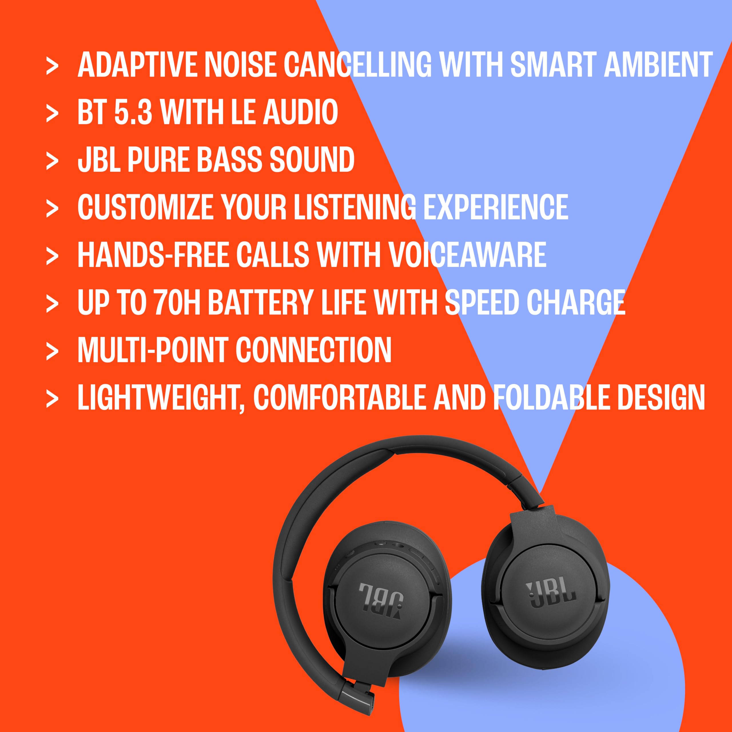 JBL Tune 770NC Smart Noise Cancelling Bluetooth 5.3 Wireless On-Ear Headphones, Up to 70 Hours Playtime with Fast Charging, Lightweight, Comfortable and Foldable