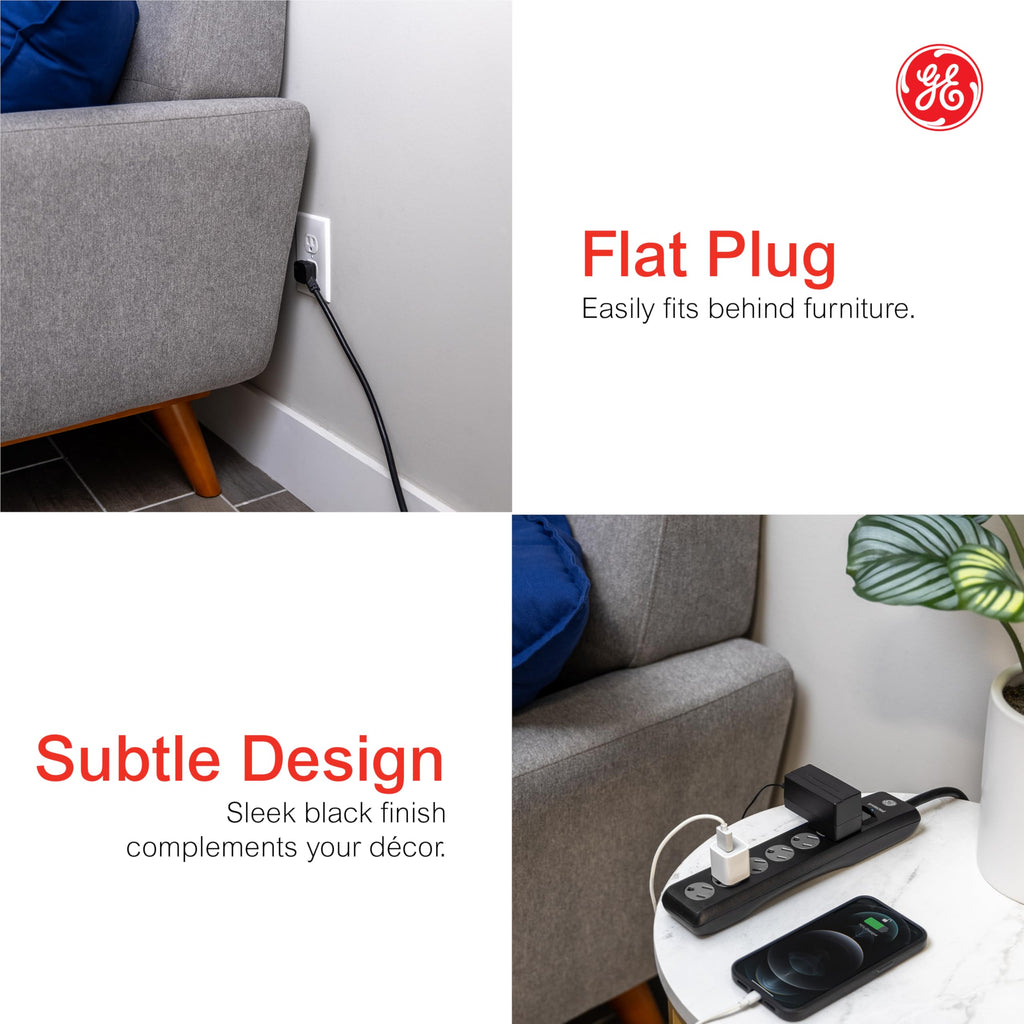 Aode GE 6 Outlet Surge Protector 2 Pack, 10 Ft Extension Cord, Power Strip, 600 Joules, Twist-to-Close Safety Covers, Black, 54646