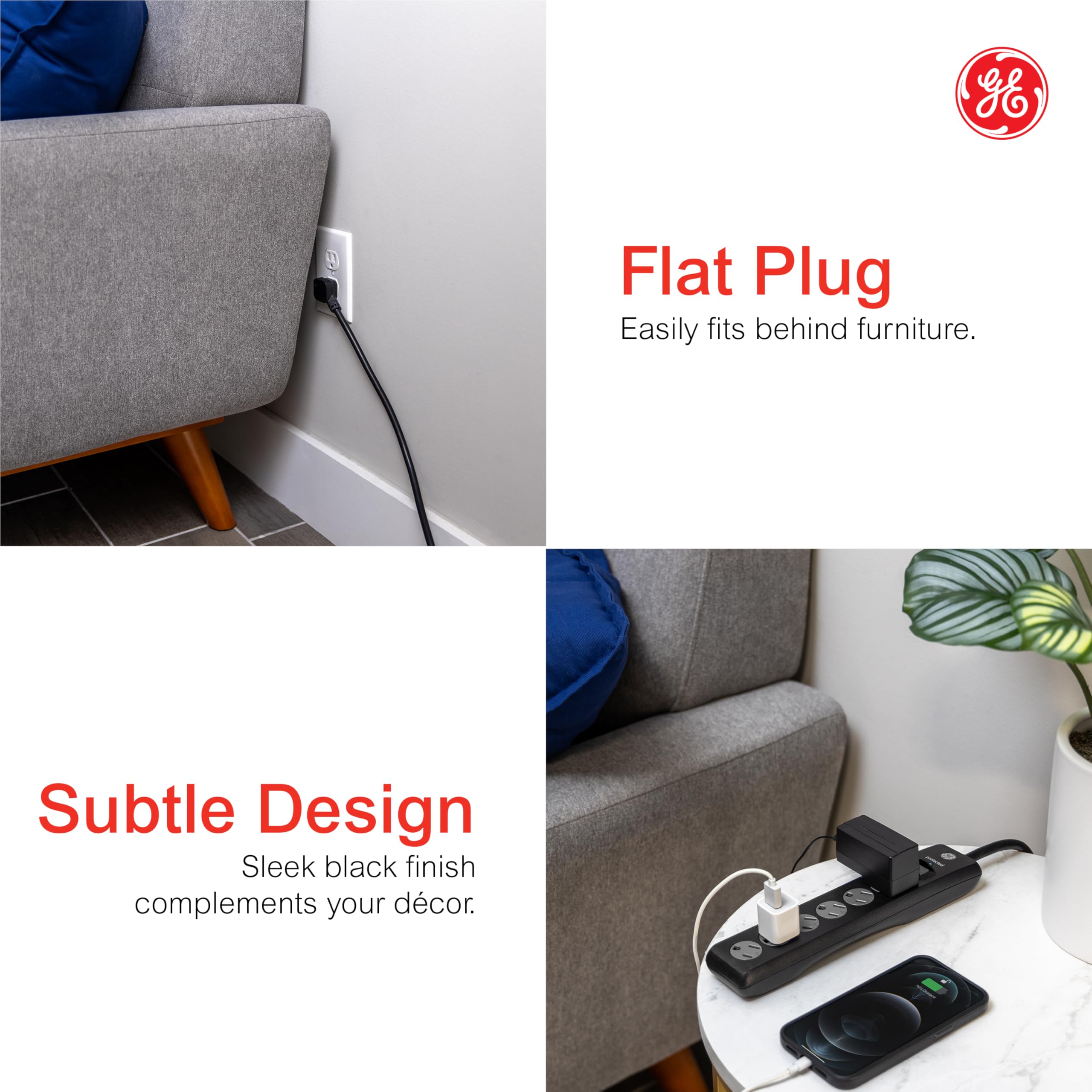 Aode GE 6 Outlet Surge Protector 2 Pack, 10 Ft Extension Cord, Power Strip, 600 Joules, Twist-to-Close Safety Covers, Black, 54646