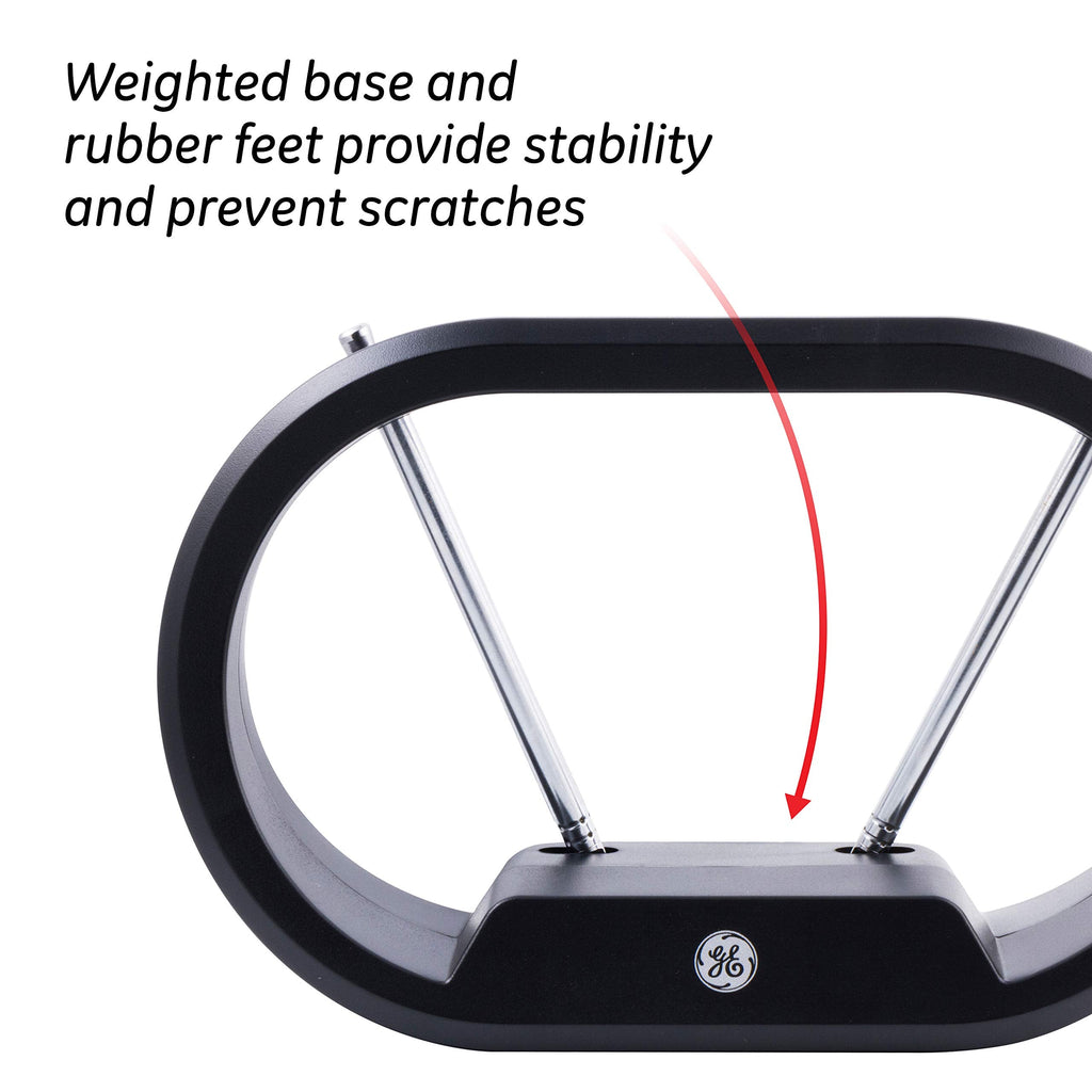 GE UltraPro Traditional Rabbit Ears Indoor Black TV Antenna, Dipoles, Weighted Base, Tabletop Antenna, Digital, HDTV Antenna, Smart TV Compatible, 4K 1080P VHF UHF, Compact Design, 33675