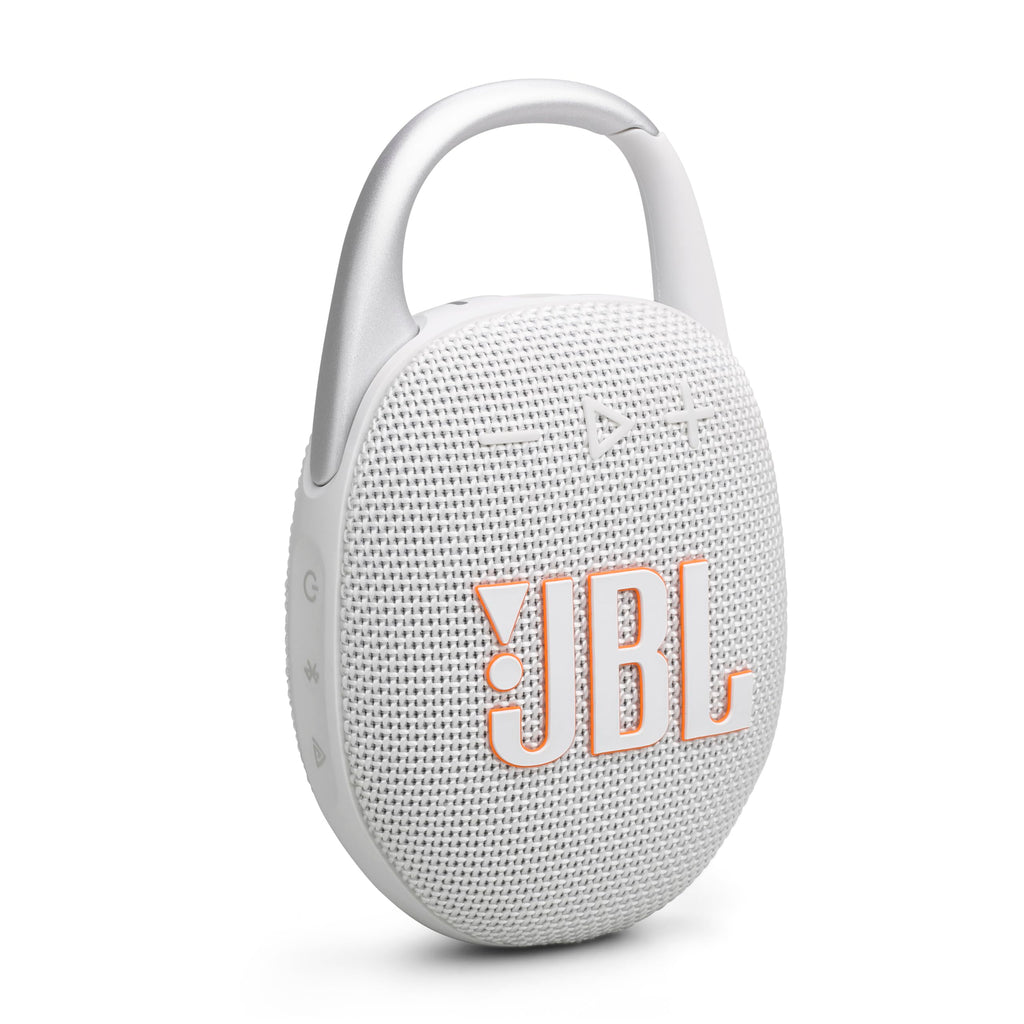 JBL Clip 5 - Ultra-Portable, Waterproof & Dustproof Bluetooth Speaker, Big Pro Sound with punchy bass, Integrated carabiner, Up to 12 Hours of Play, Made in part with recycled materials (White)