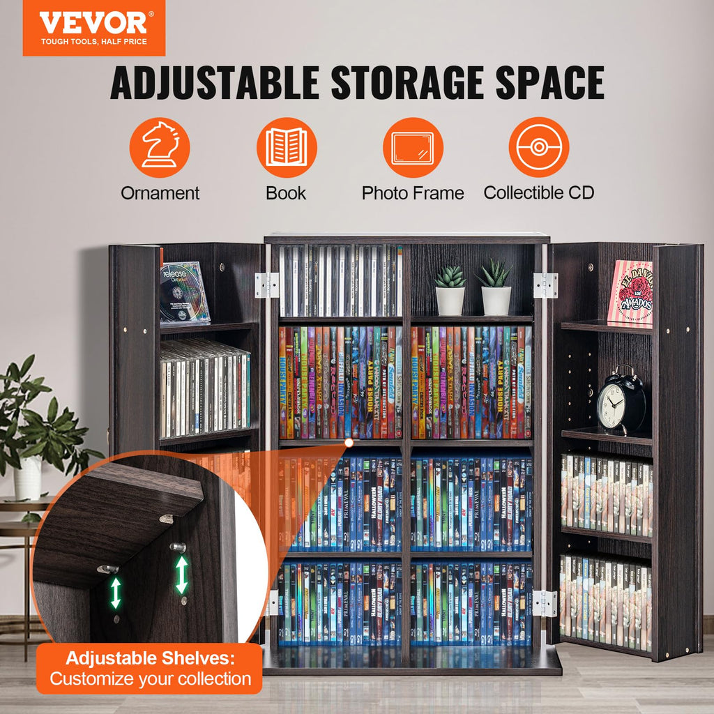 VEVOR Media Storage Cabinet, DVD Cabinet with Doors and Shelves, CD Storage Holds up to 576 CDs, Adjustable DVD Shelf, Protects & Organizes Music, Movie, Video Games or Collections-Espresso