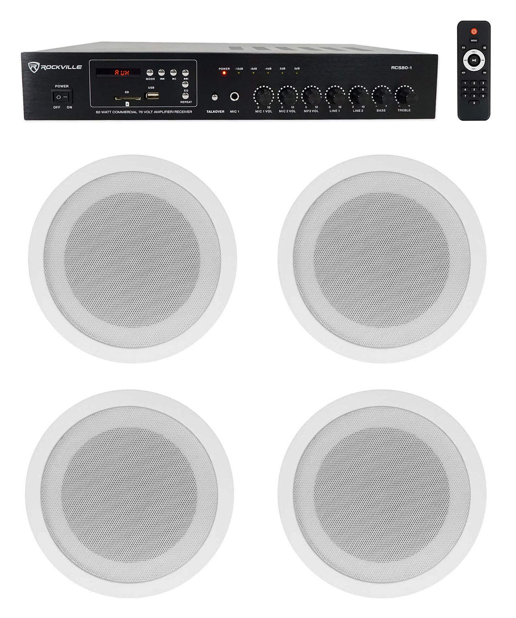 Rockville Commercial Audio Bundle: (4) CCL5T White 5" 70V Ceiling Speakers, Multi-Tap, Flush Mount with RCS80-1 60-Watt 70V Amplifier/Bluetooth Receiver for Restaurant or Office, 5-Items