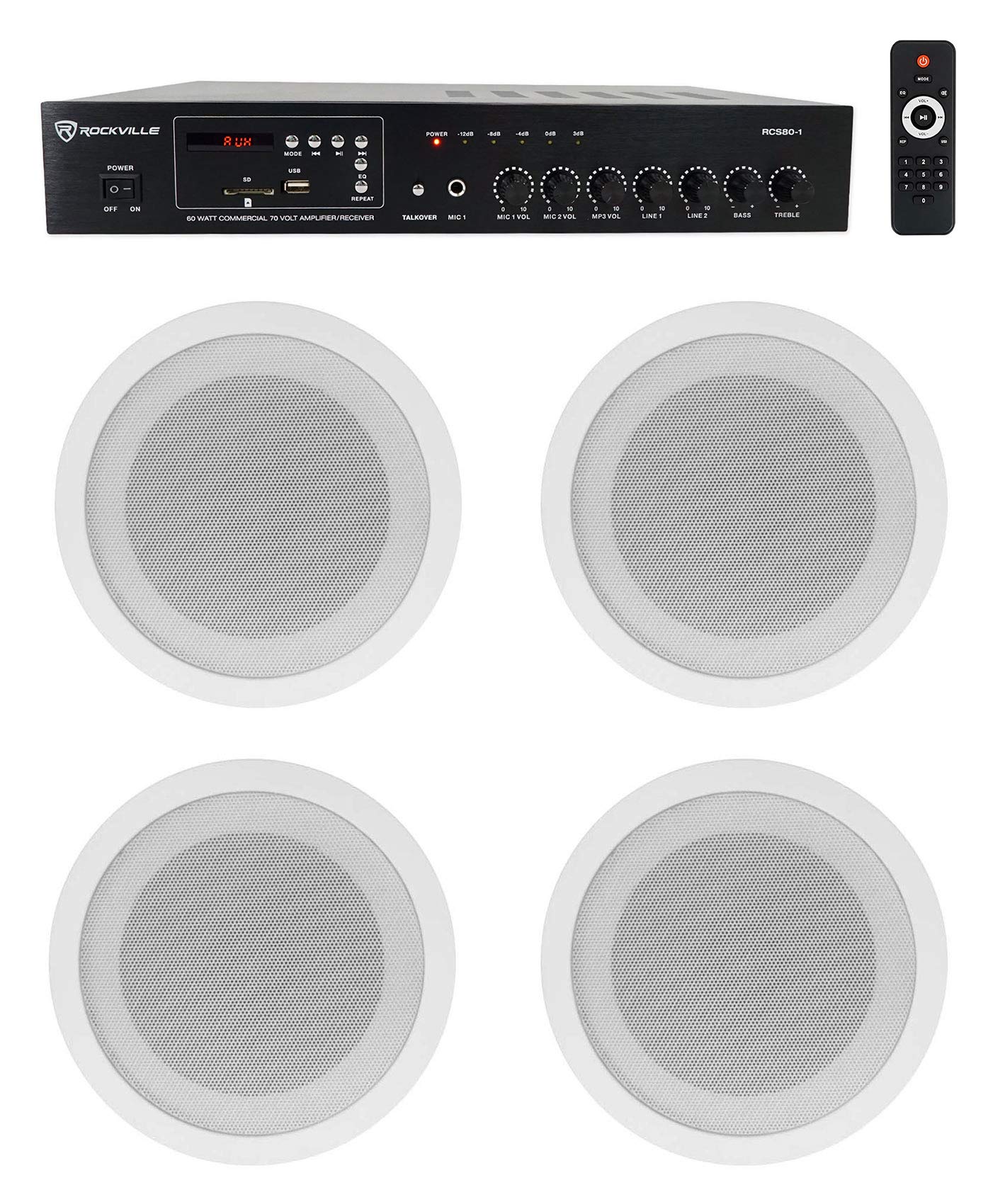 Rockville Commercial Audio Bundle: (4) CCL5T White 5" 70V Ceiling Speakers, Multi-Tap, Flush Mount with RCS80-1 60-Watt 70V Amplifier/Bluetooth Receiver for Restaurant or Office, 5-Items
