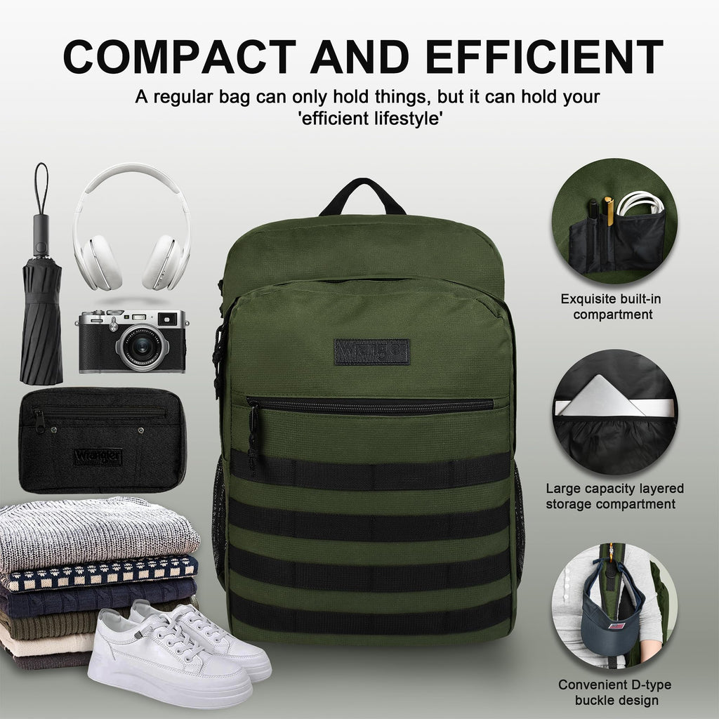 Wrangler Tradesman Backpack, Water Resistant Casual Daypack for Travel Work School, Green, L