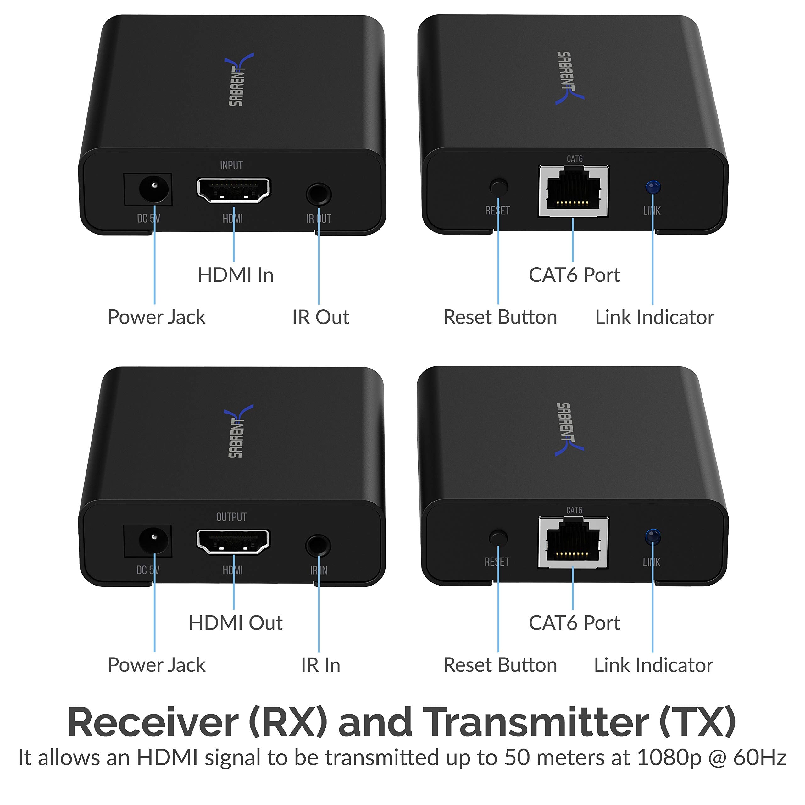 SABRENT HDMI Extender Over CAT6 50 Meters IR Blaster and Receiver and Cables included (DA-HDEX)