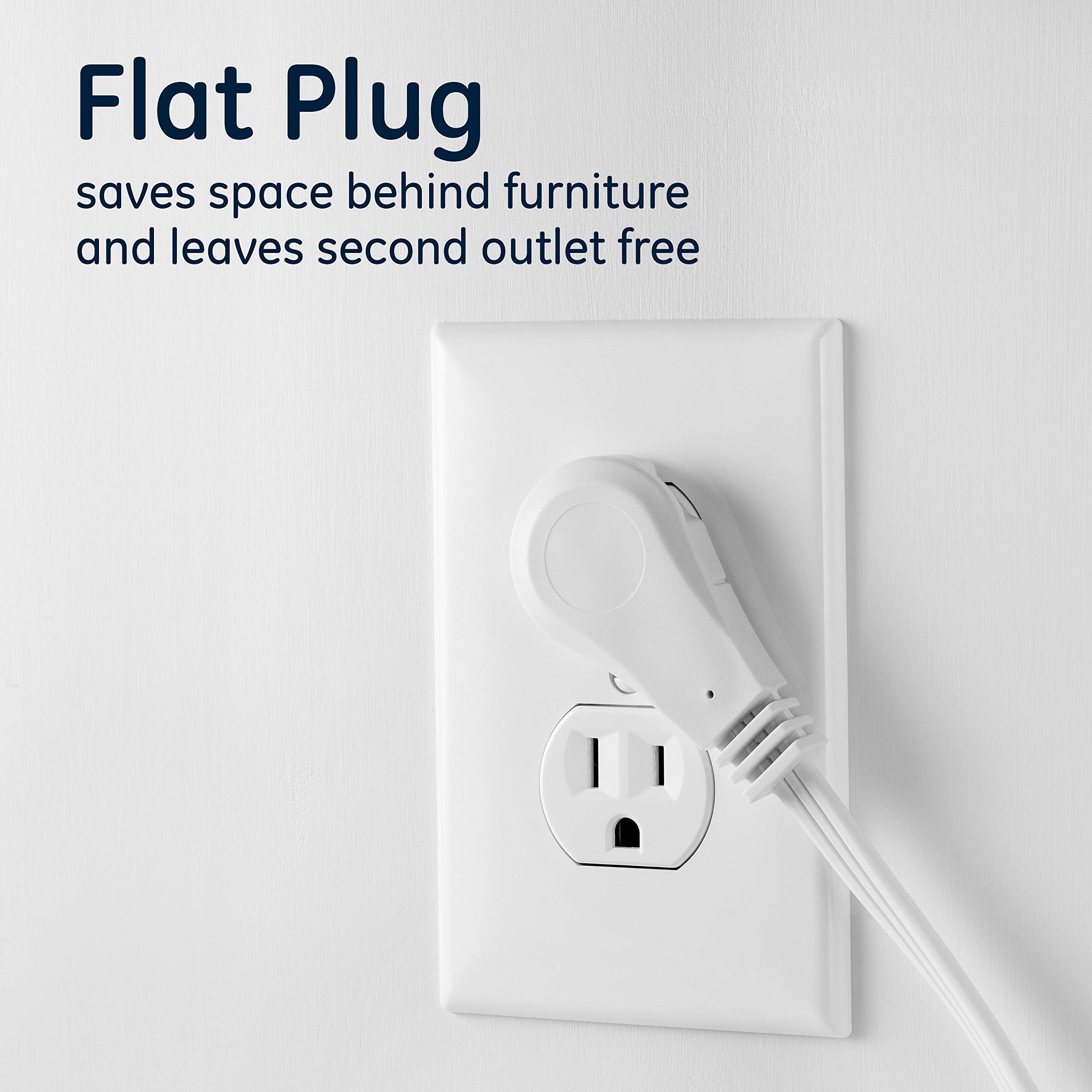 GE Indoor Extension Cord, 15 Ft Power Cable, 3 Grounded Outlets, 3-Prong, Low-Profile Flat Plug, 16 Gauge, UL Listed, White, 56986