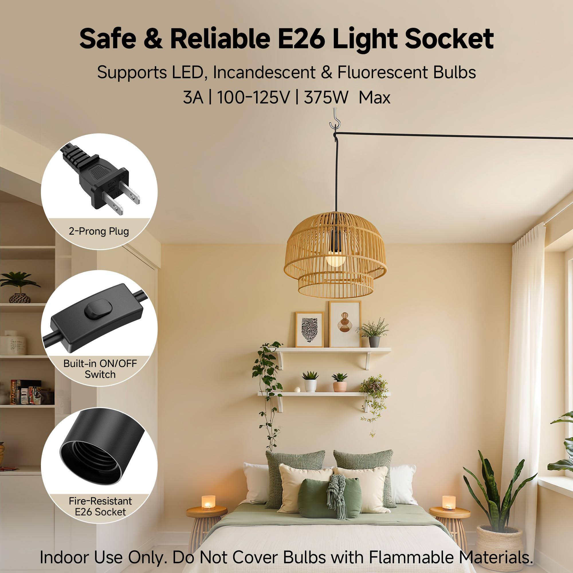 Cable Matters 2-Pack Hanging Light Cord with Switch - 25ft, Pendant Light Cord with Plug, Black