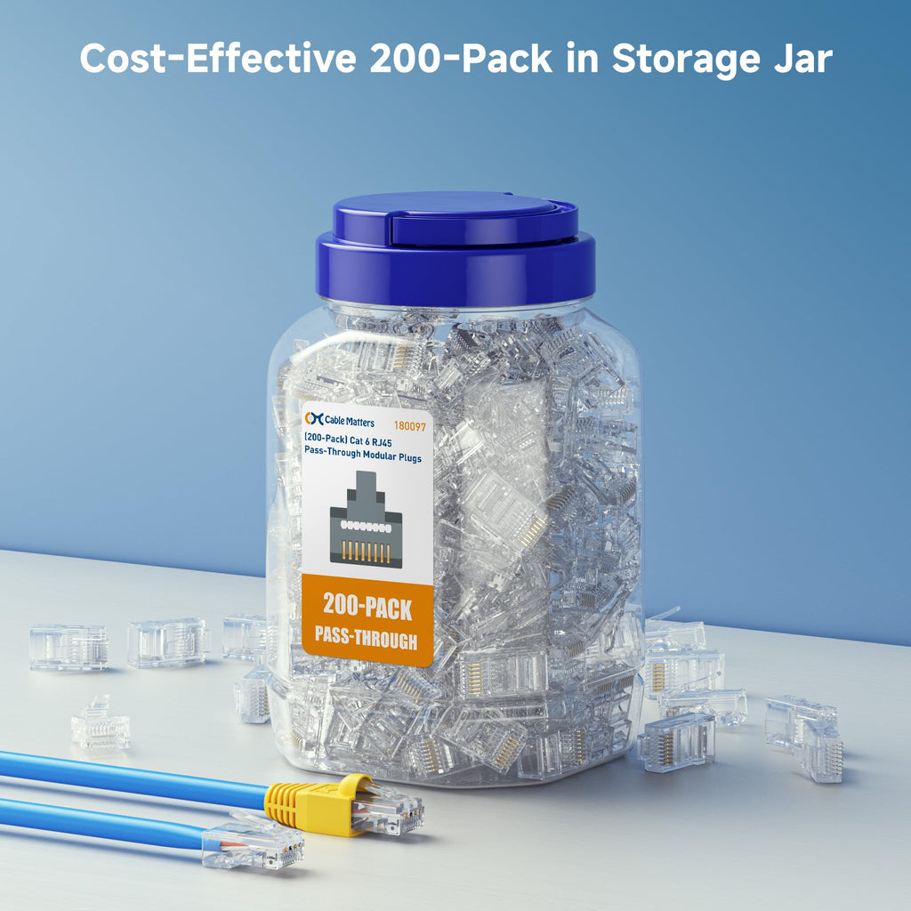 Cable Matters 200-Pack Cat 6 Pass Through RJ45 Connectors (Cat 6 Ends / Cat6 Connector / RJ45 Modular Plugs/Ethernet Plugs/Network Connector) for Solid or Stranded UTP Ethernet Cable