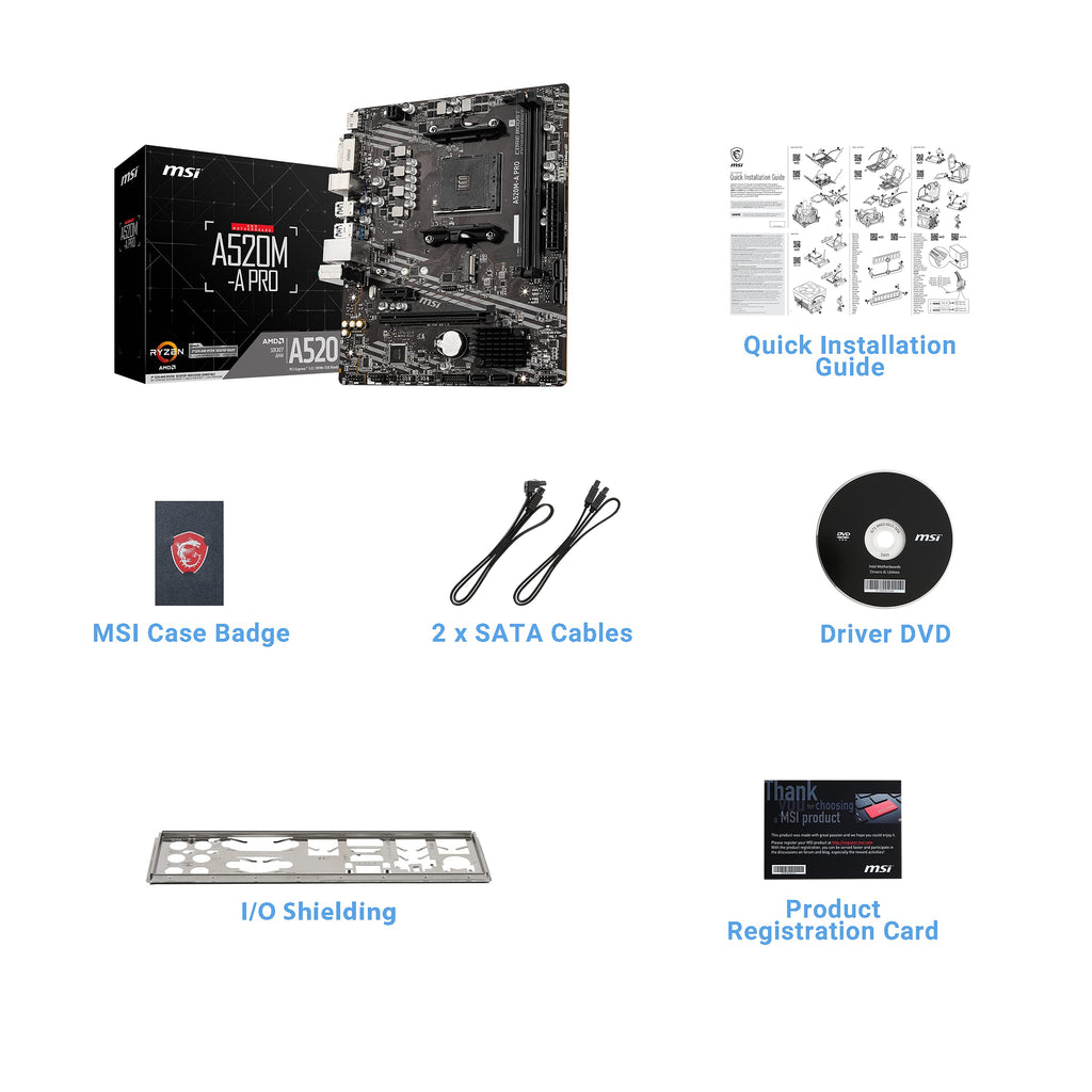 MSI A520M-A PRO V1 Gaming Motherboard (AMD Ryzen 5000, AM4, DDR4, PCIe 3.0, SATA 6Gb/s, M.2, USB 3.2 Gen 1, DVI/HDMI, Micro-ATX)