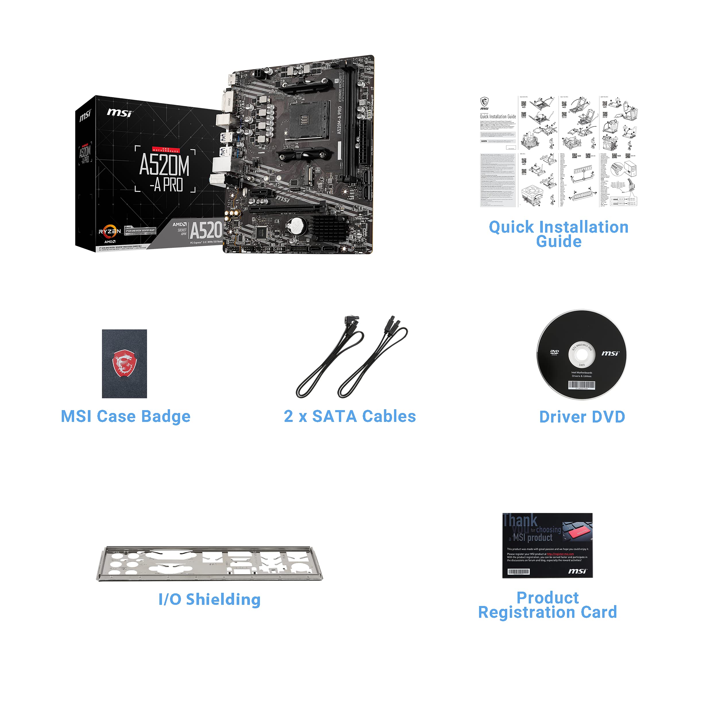 MSI A520M-A PRO V1 Gaming Motherboard (AMD Ryzen 5000, AM4, DDR4, PCIe 3.0, SATA 6Gb/s, M.2, USB 3.2 Gen 1, DVI/HDMI, Micro-ATX)