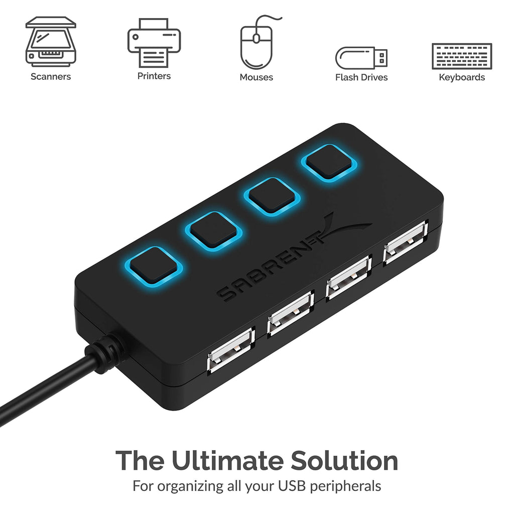 SABRENT USB Hub 4 Port USB 2.0 Portable Travel USB Docking Station with Individual LED lit Power Switches [Charging NOT Supported] for Mac & PC (HB-UMLS)