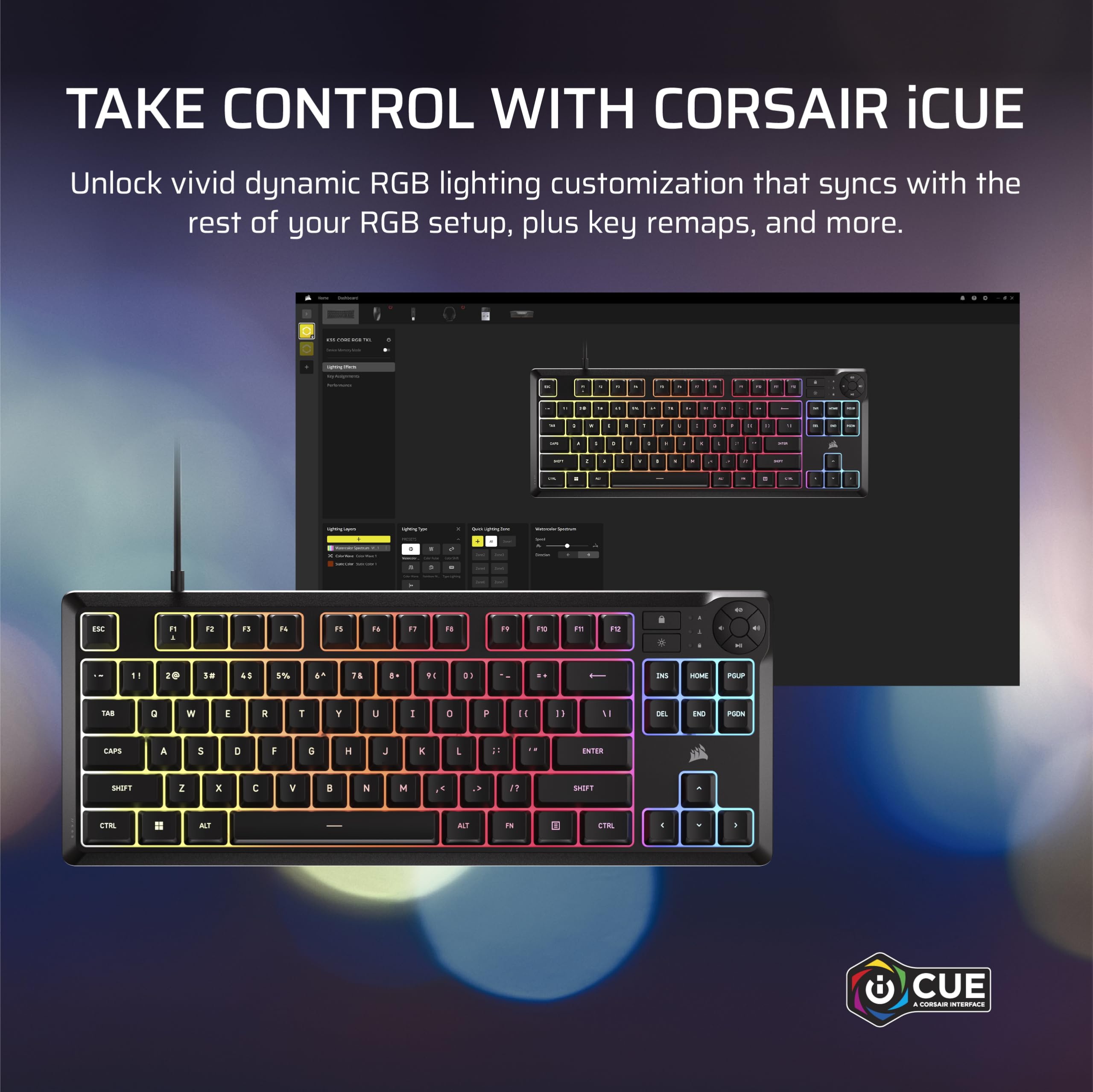 Corsair K55 CORE TKL RGB Gaming Keyboard – Tenkeyless, 8-Zone RGB, Quiet Membrane Keys, Spill Resistant, Media Keys, 1000Hz Polling – NA Layout – Black