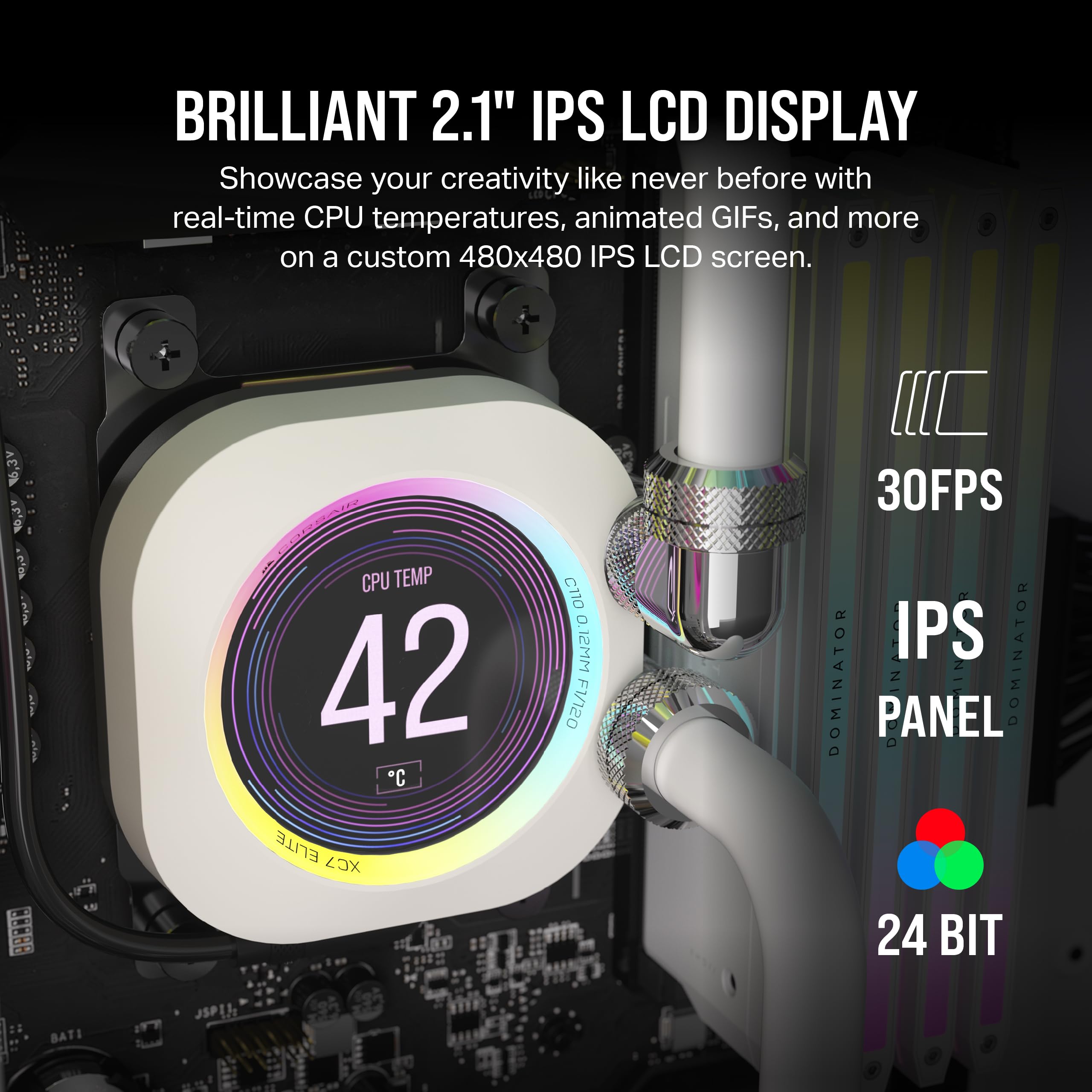 Corsair XC7 RGB ELITE LCD CPU Water Block - 480x480 IPS LCD Screen - 31 RGB LEDs - USB-C - Fits Intel® LGA 1700, AMD® AM5 and older - White
