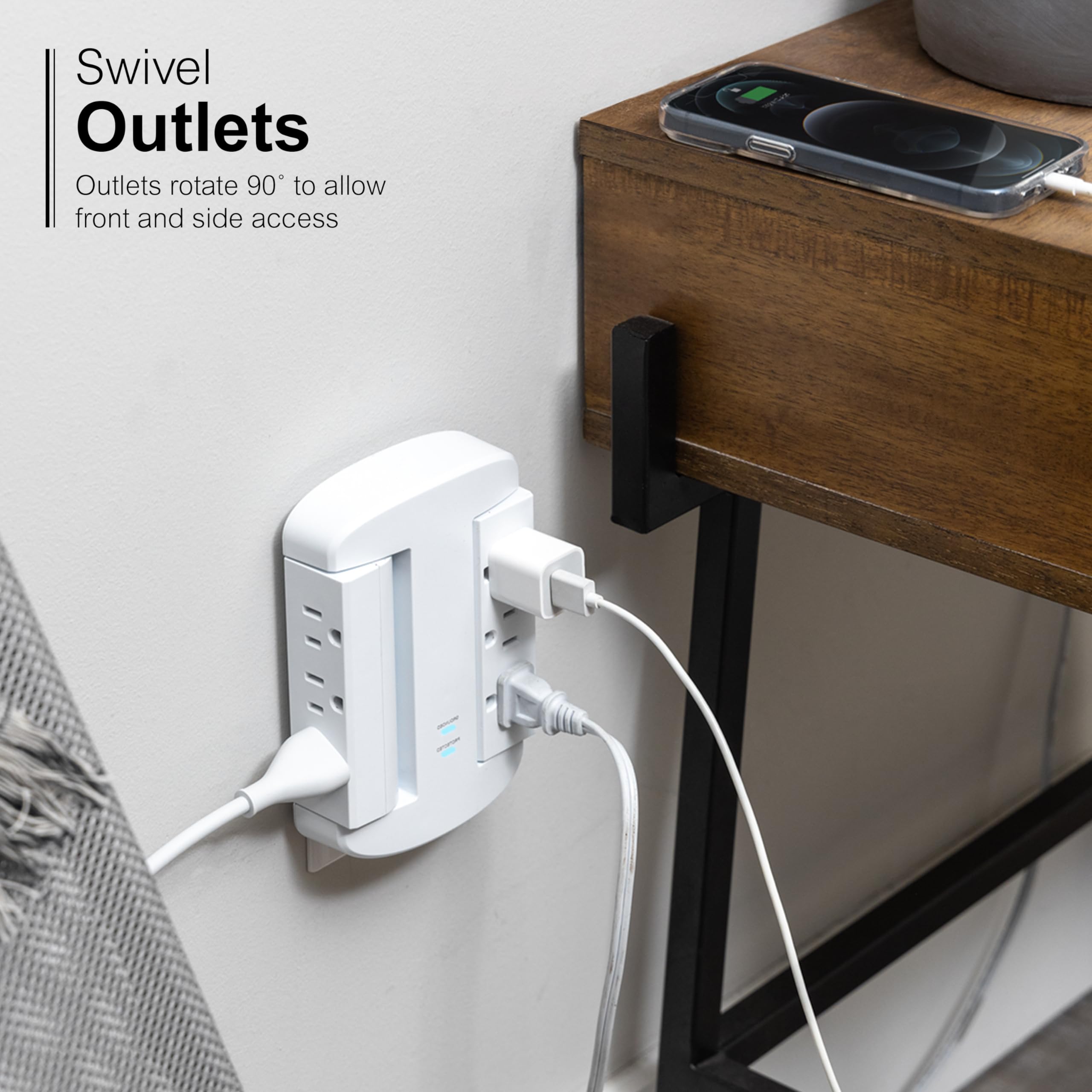 GE 6-Outlet Extender, Surge Protector, Swivel Side Access, Wall Tap Adapter, 3-Prong, 980 Joules, ETL Listed, White, 81781