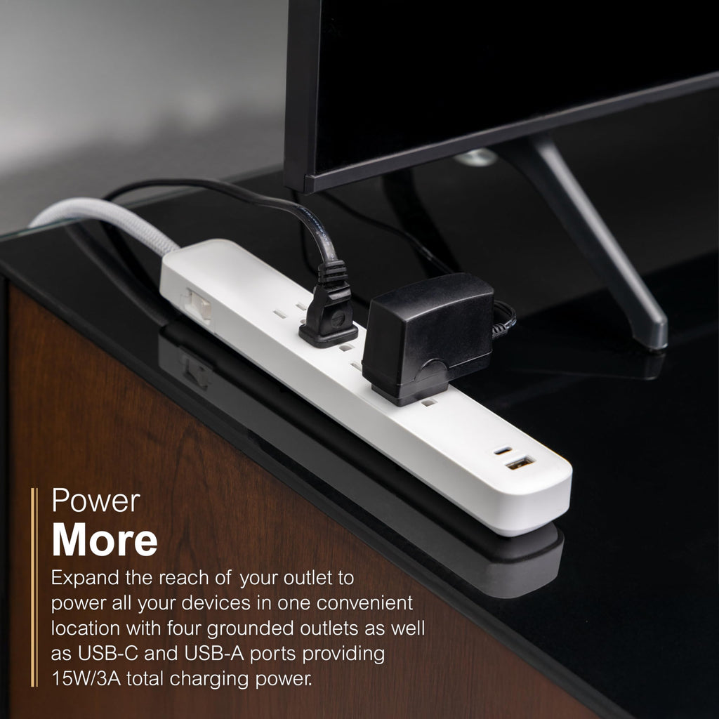 GE UltraPro 4 Outlet Surge Protector, USB-C Charging, 3 ft Designer Braided Cord, 1060 Joules, Compatible w/ iPhone 12/11/Pro/Max/Xs/XR/X/8, Samsung Galaxy S21/S10/S9/Plus, Google Pixel, White, 41354