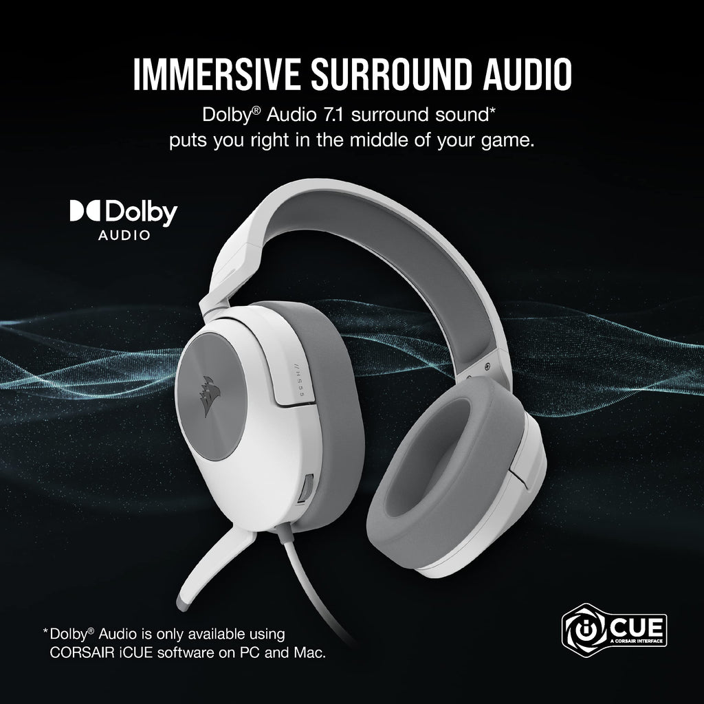 Corsair HS55 Surround v2 Multiplatform Gaming Headset � Dolby Atmos � Lightweight � Memory-Foam Leatherette � Omni-Directional Microphone � PC, Mac, PS5/PS4, Xbox Series X|S, Switch, Mobile � White