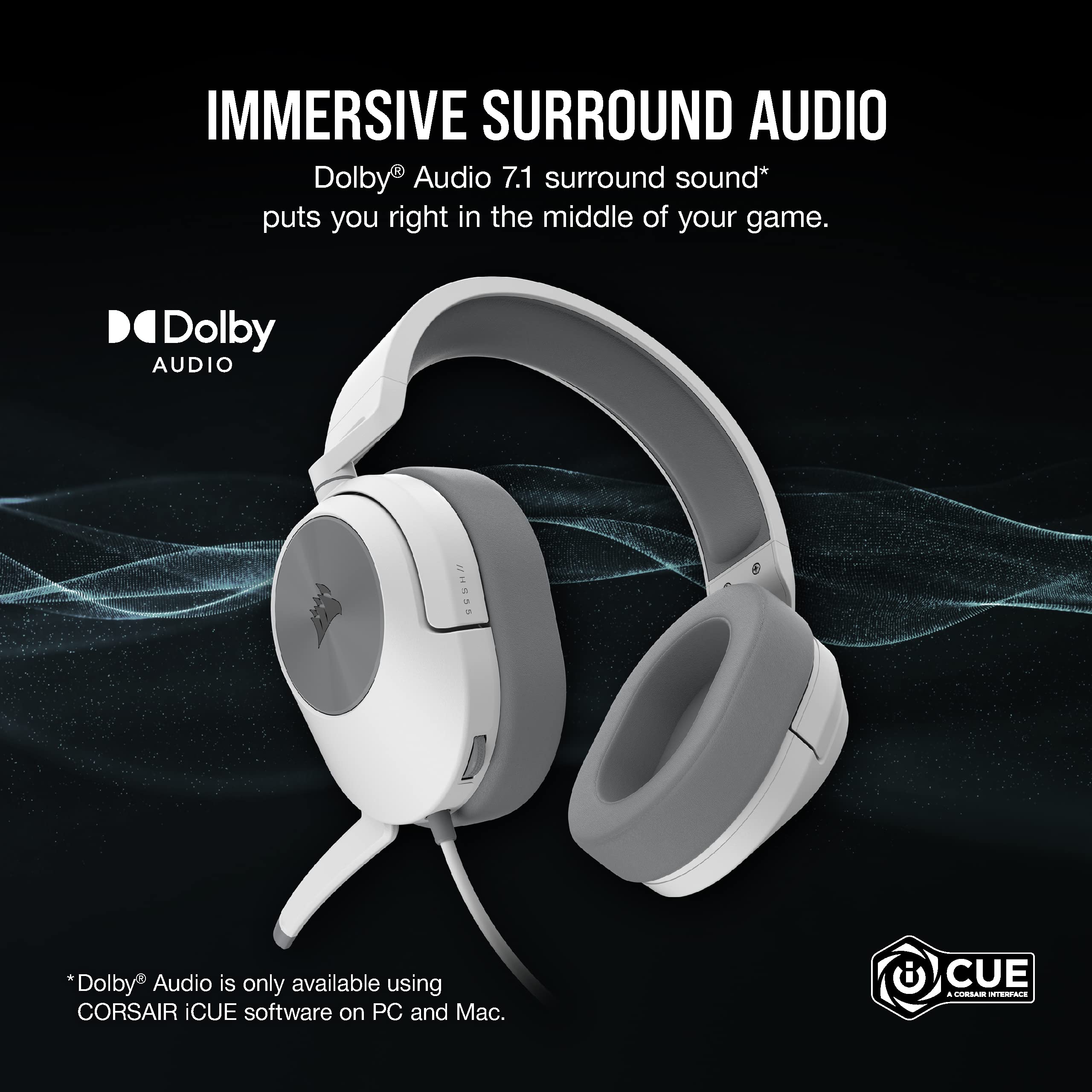 Corsair HS55 Surround v2 Multiplatform Gaming Headset � Dolby Atmos � Lightweight � Memory-Foam Leatherette � Omni-Directional Microphone � PC, Mac, PS5/PS4, Xbox Series X|S, Switch, Mobile � White