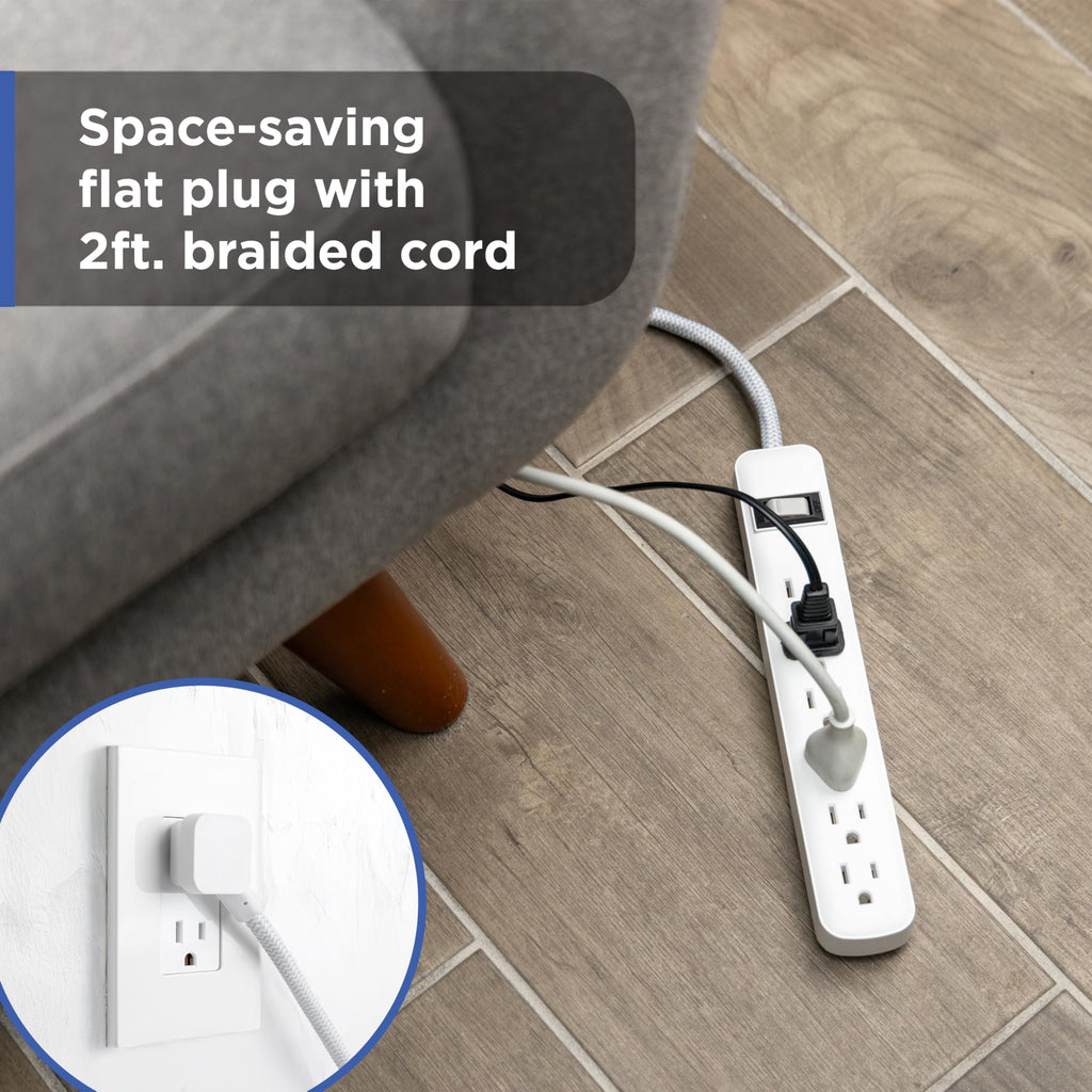GE 6-Outlet & 2-Outlet Surge Protector Combo Pack with 2 USB-C Ports, 245 Joules, 2ft Braided Cords, Flat Plugs, ETL Certified, White, 86076
