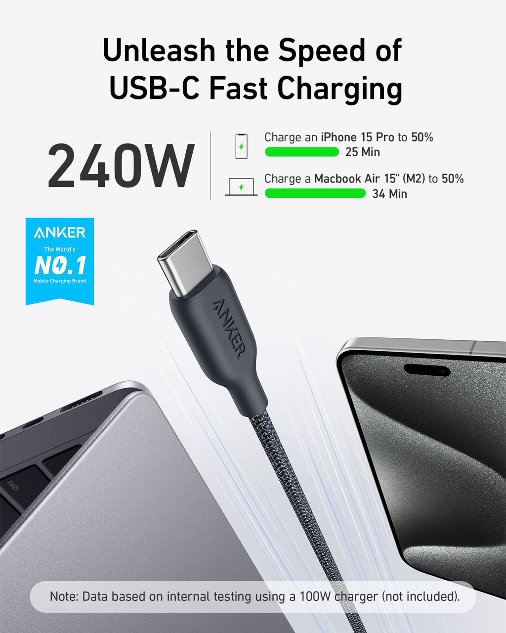 Anker 543 USB C to USB C Cable (240W, 10ft), USB 2.0 Bio-Nylon Charging Cable for MacBook Pro, iPhone 17/16/15, iPad Pro, Samsung Galaxy,and More(Phantom Black)