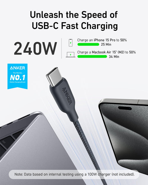 Anker 543 USB C to USB C Cable (240W, 10ft), USB 2.0 Bio-Nylon Charging Cable for MacBook Pro, iPhone 17/16/15, iPad Pro, Samsung Galaxy,and More(Phantom Black)