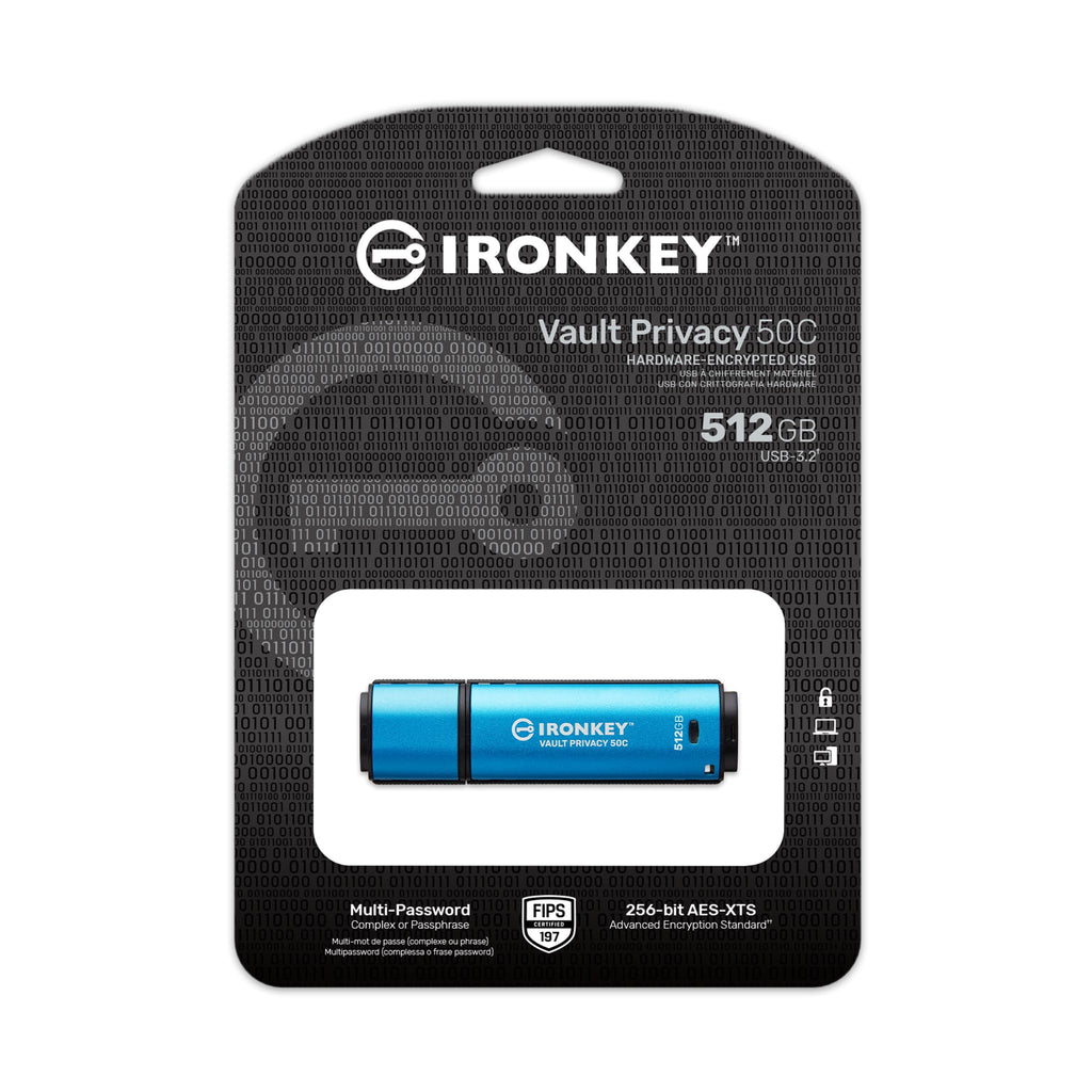 Kingston IronKey Vault Privacy 50 FIPS 197 Certified & XTS-AES 256-bit Encrypted USB TypeC Drive for Data Protection - IKVP50C/512GB