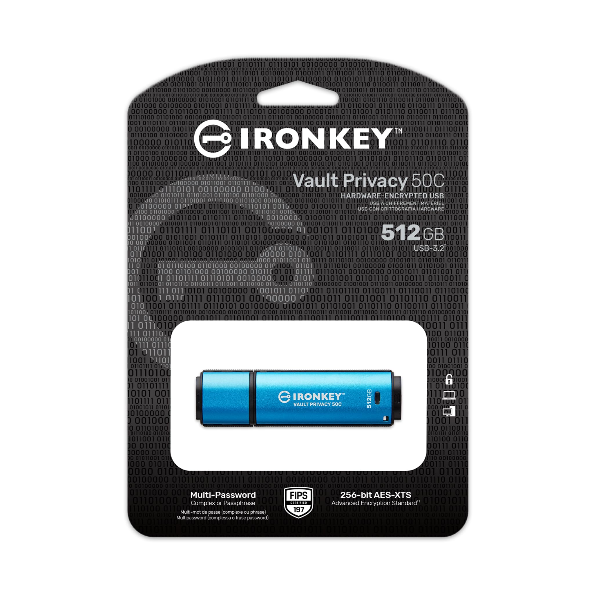 Kingston IronKey Vault Privacy 50 FIPS 197 Certified & XTS-AES 256-bit Encrypted USB TypeC Drive for Data Protection - IKVP50C/512GB