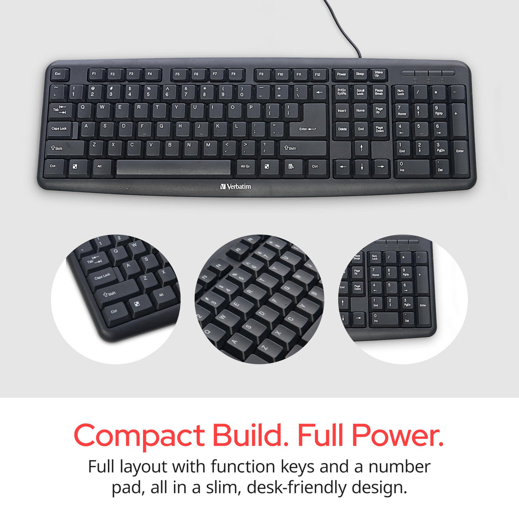 Verbatim Slimline Wired Keyboard USB Plug-and-Play Numeric Keypad Adjustable Tilt Legs Corded Full-Size Computer Keyboard Compatible with PC, Laptop - Frustration Free Packaging Black 99201