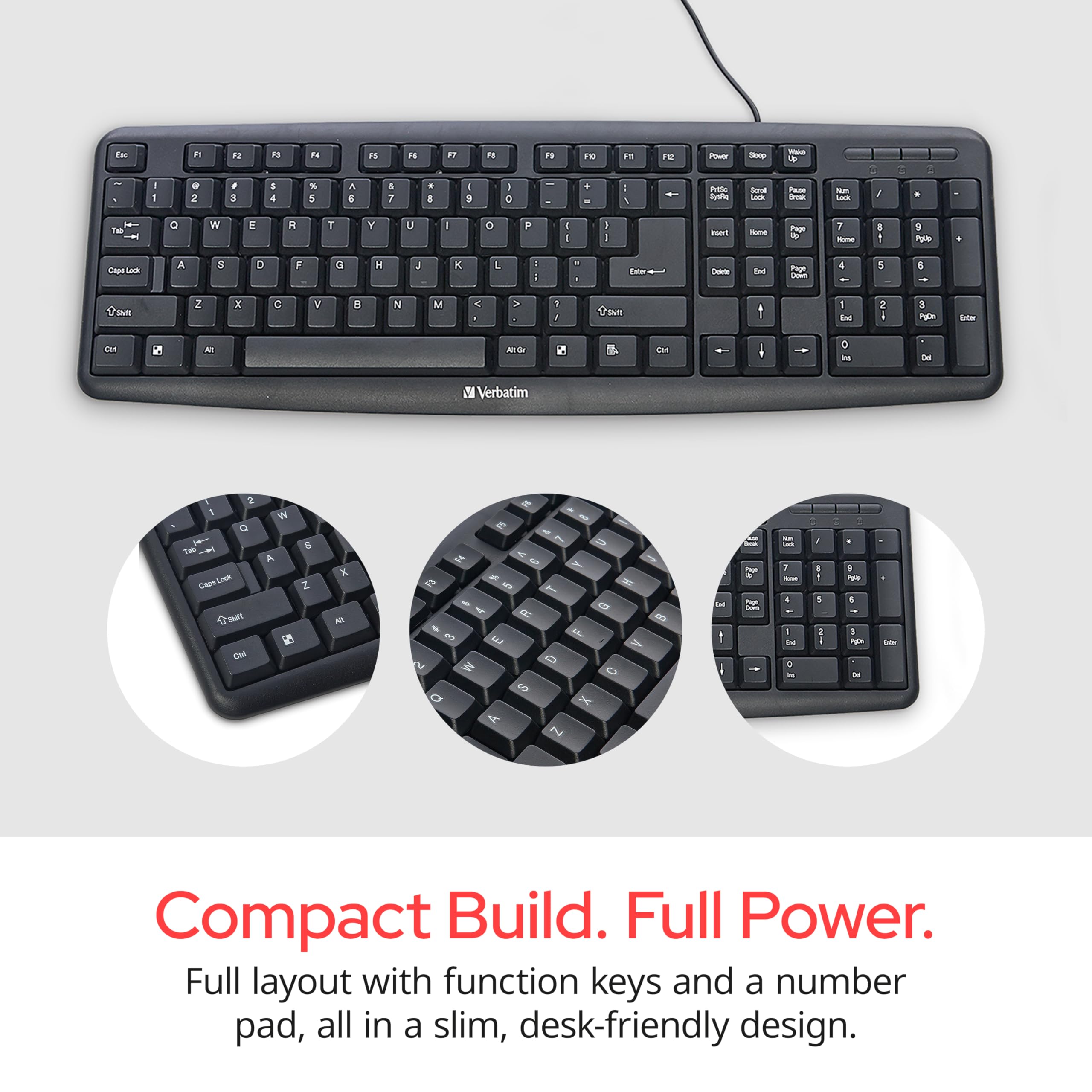 Verbatim Slimline Wired Keyboard USB Plug-and-Play Numeric Keypad Adjustable Tilt Legs Corded Full-Size Computer Keyboard Compatible with PC, Laptop - Frustration Free Packaging Black 99201