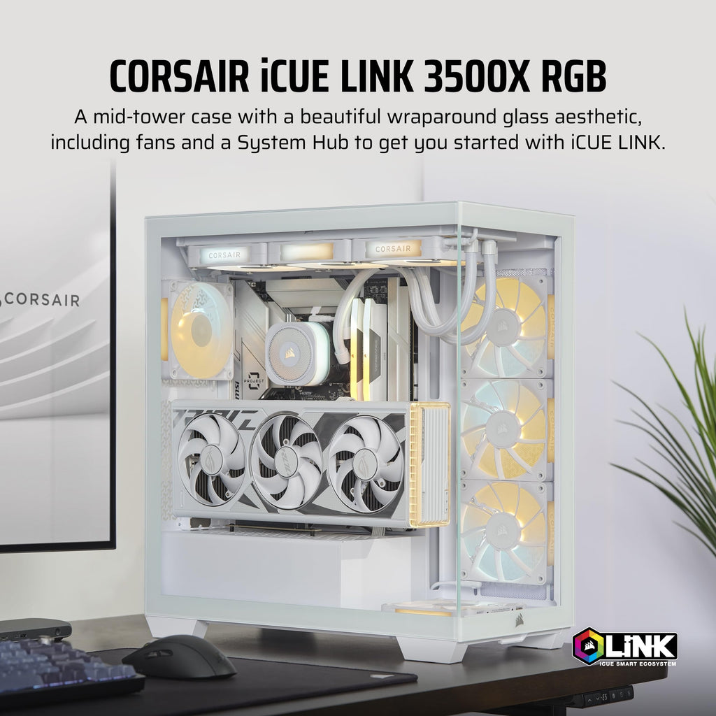 CORSAIR iCUE LINK 3500X RGB Mid-Tower ATX PC Case – Panoramic Tempered Glass – Reverse Connection Motherboard Compatible – 3x CORSAIR iCUE LINK RX120 RGB Fans Included – White