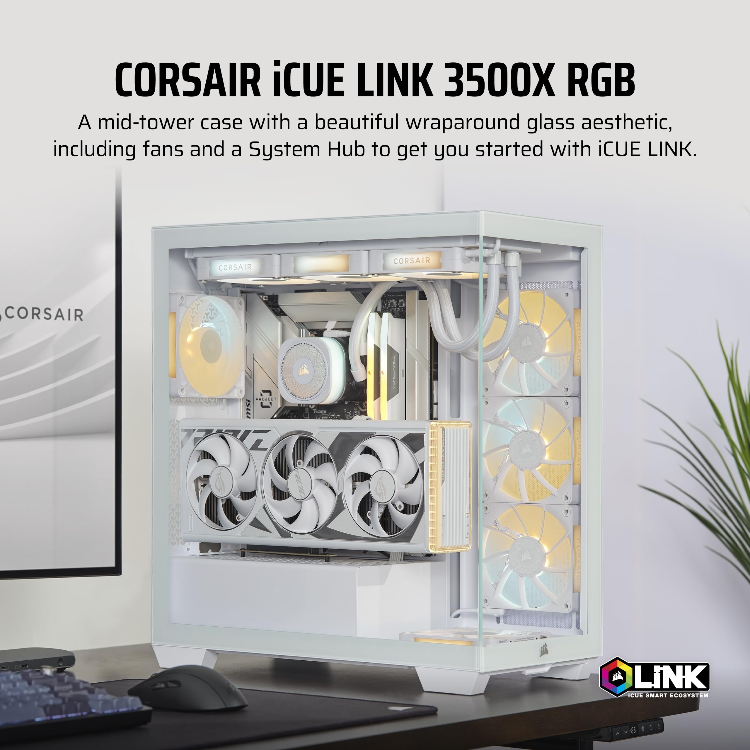 CORSAIR iCUE LINK 3500X RGB Mid-Tower ATX PC Case – Panoramic Tempered Glass – Reverse Connection Motherboard Compatible – 3x CORSAIR iCUE LINK RX120 RGB Fans Included – White