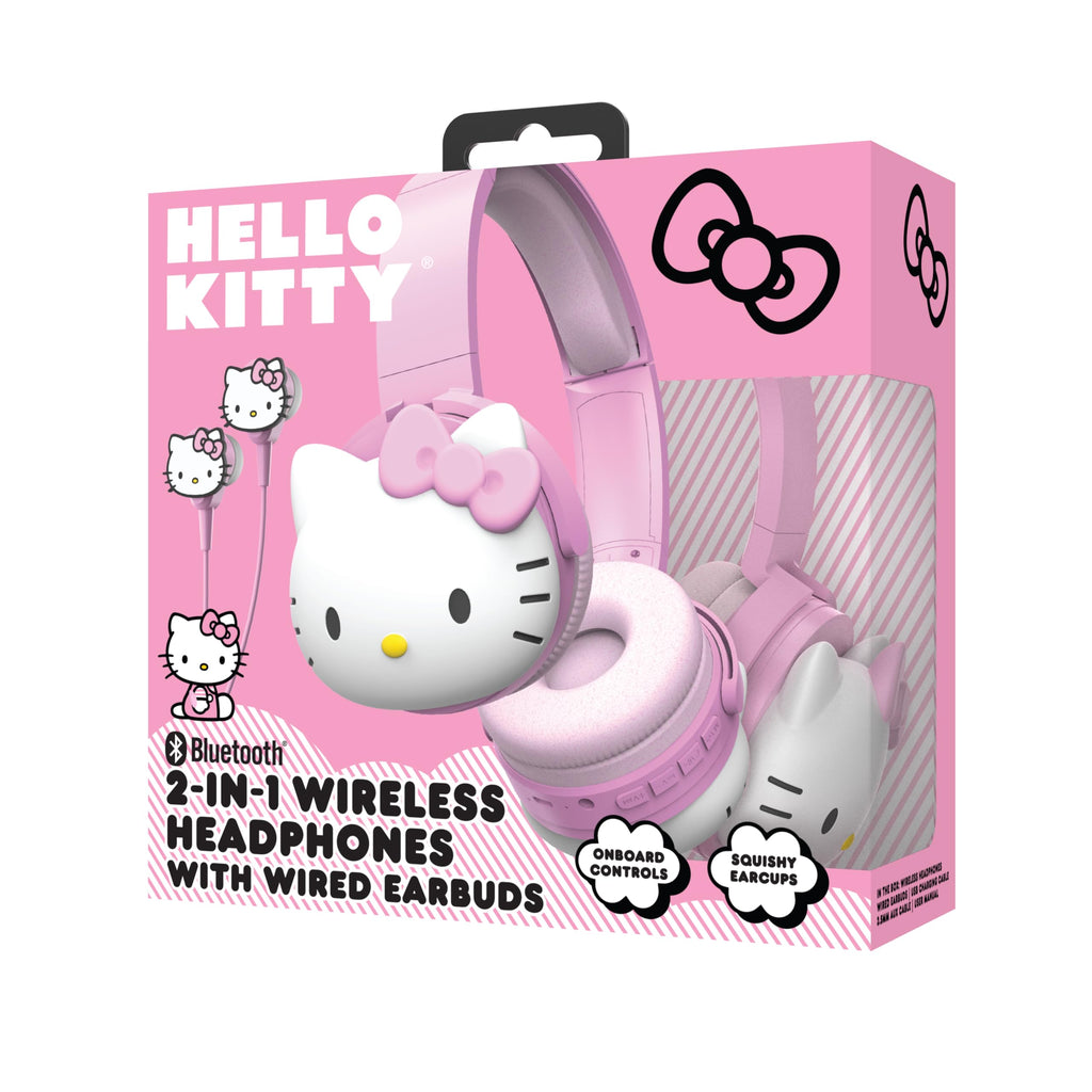 Hello Kitty 2-in-1 Wireless Bluetooth Headphones with Wired Earbuds - Foldable, Adjustable & Padded Headband, Onboard Controls, Squishy Ear Cups, Aux Cable Connectivity, Handsfree Calling