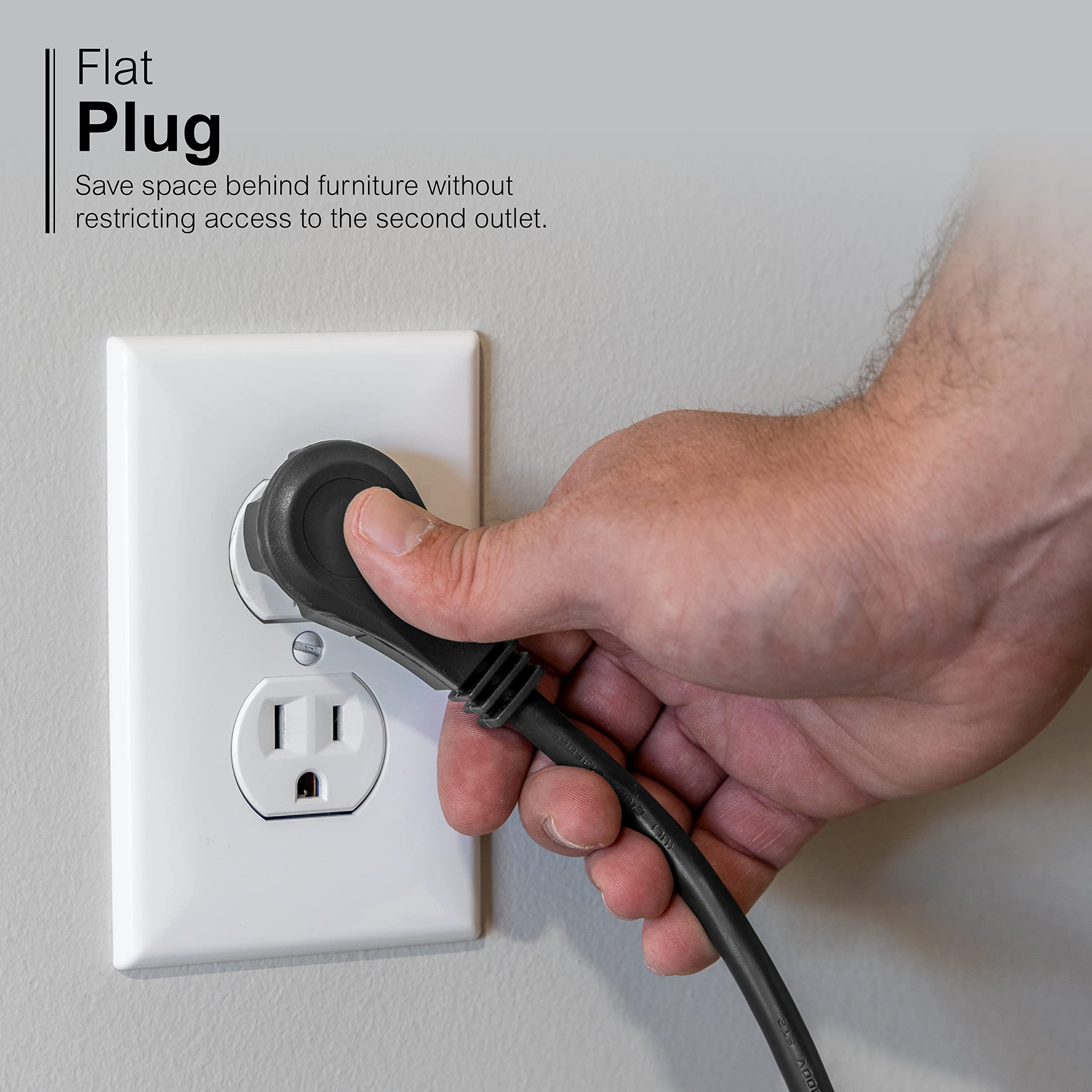 GE Indoor Extension Cord, 25 Ft Power Cable Outlet, 3 Grounded Outlets Power Strip, Right Angle Flat Extension Cord, 16 Gauge, UL Listed, Black, 69921