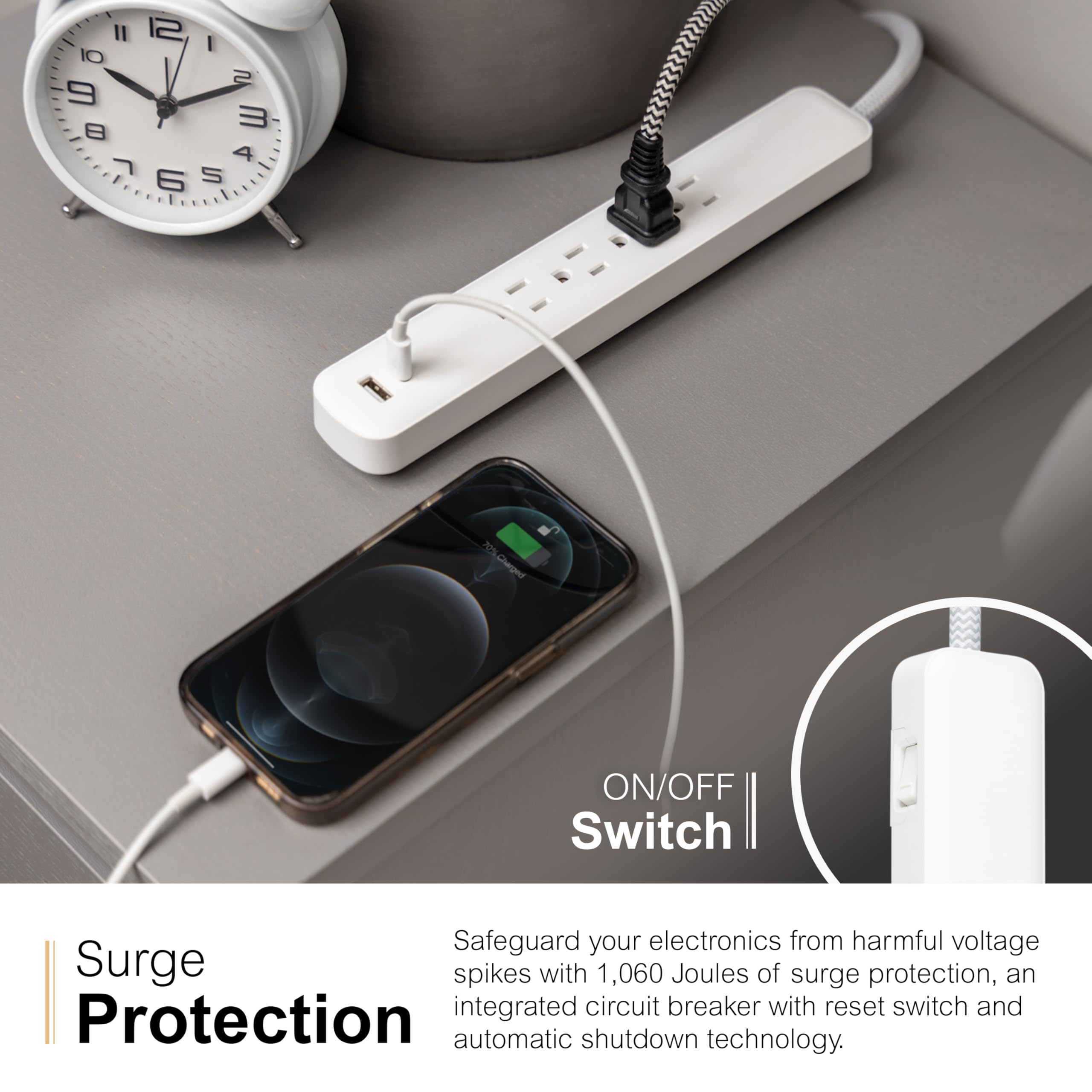 GE UltraPro 4 Outlet Surge Protector, USB-C Charging, 3 ft Designer Braided Cord, 1060 Joules, Compatible w/ iPhone 12/11/Pro/Max/Xs/XR/X/8, Samsung Galaxy S21/S10/S9/Plus, Google Pixel, White, 41354