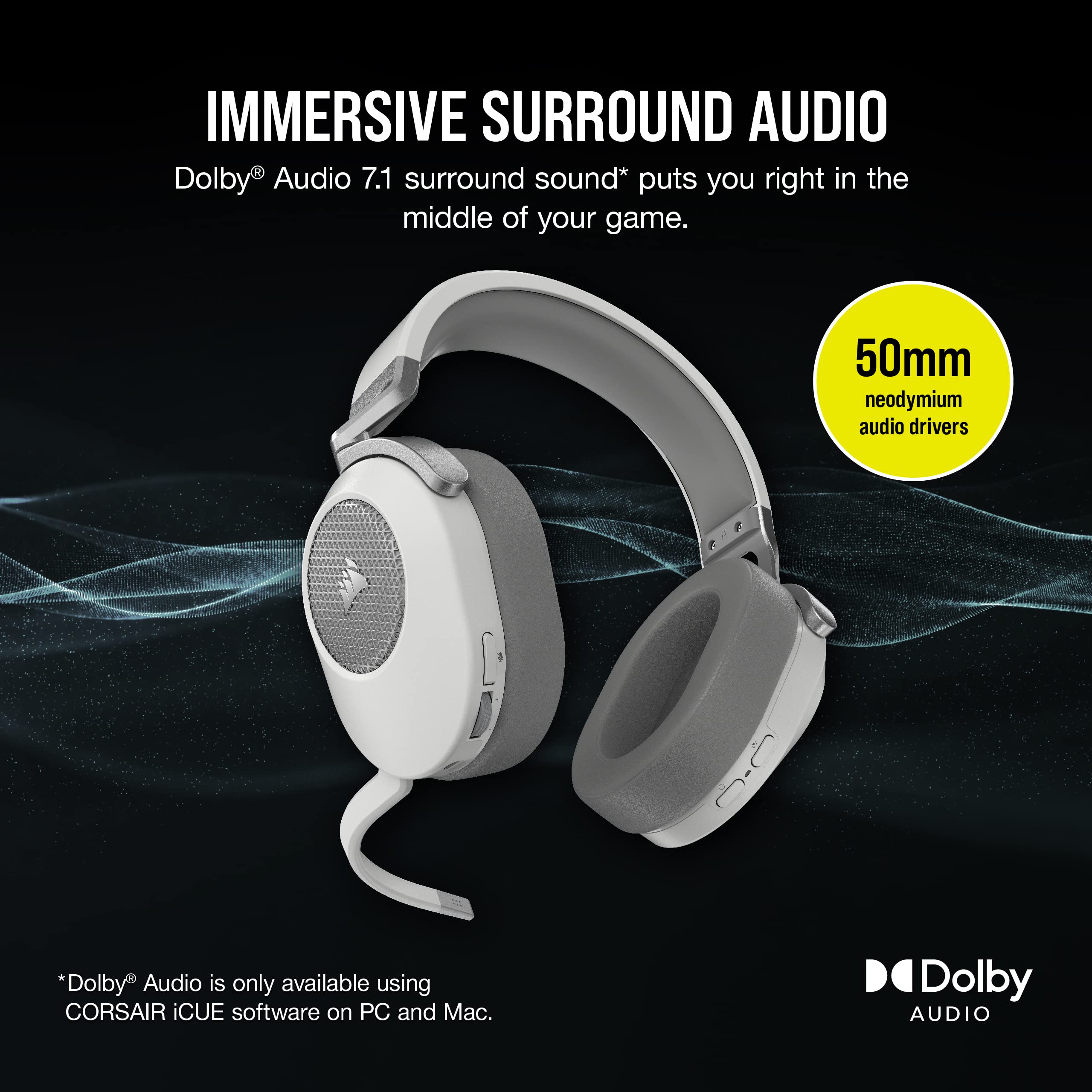 Corsair HS65 Wireless Multiplatform Bluetooth Gaming Headset - Dolby 7.1 Surround Sound - Omnidirectional Microphone - iCUE - PC, Mac, PS5, PS4, Nintendo Switch, Mobile - White
