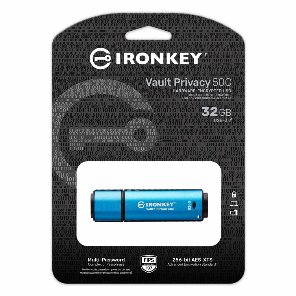 Kingston IronKey Vault Privacy 50 FIPS 197 Certified & XTS-AES 256-bit Encrypted USB TypeC Drive for Data Protection - IKVP50C/32GB