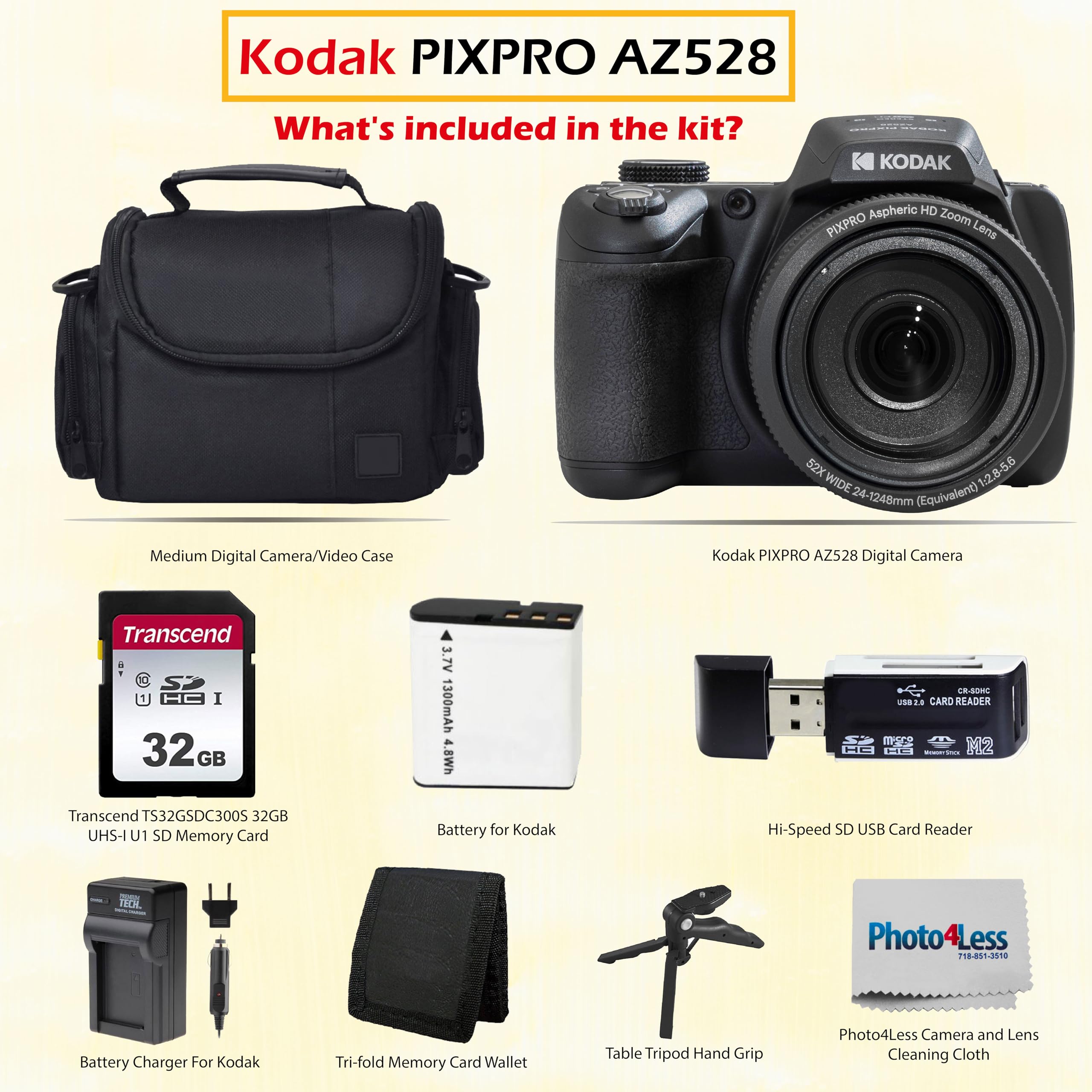 Kodak PIXPRO AZ528 16 MP Full HD Video Digital Camera (Black) with 52x Optical Zoom Bundle with Accessories Including Protective Camera Case, Battery & Charger, 32GB SD Card, Tripod and More