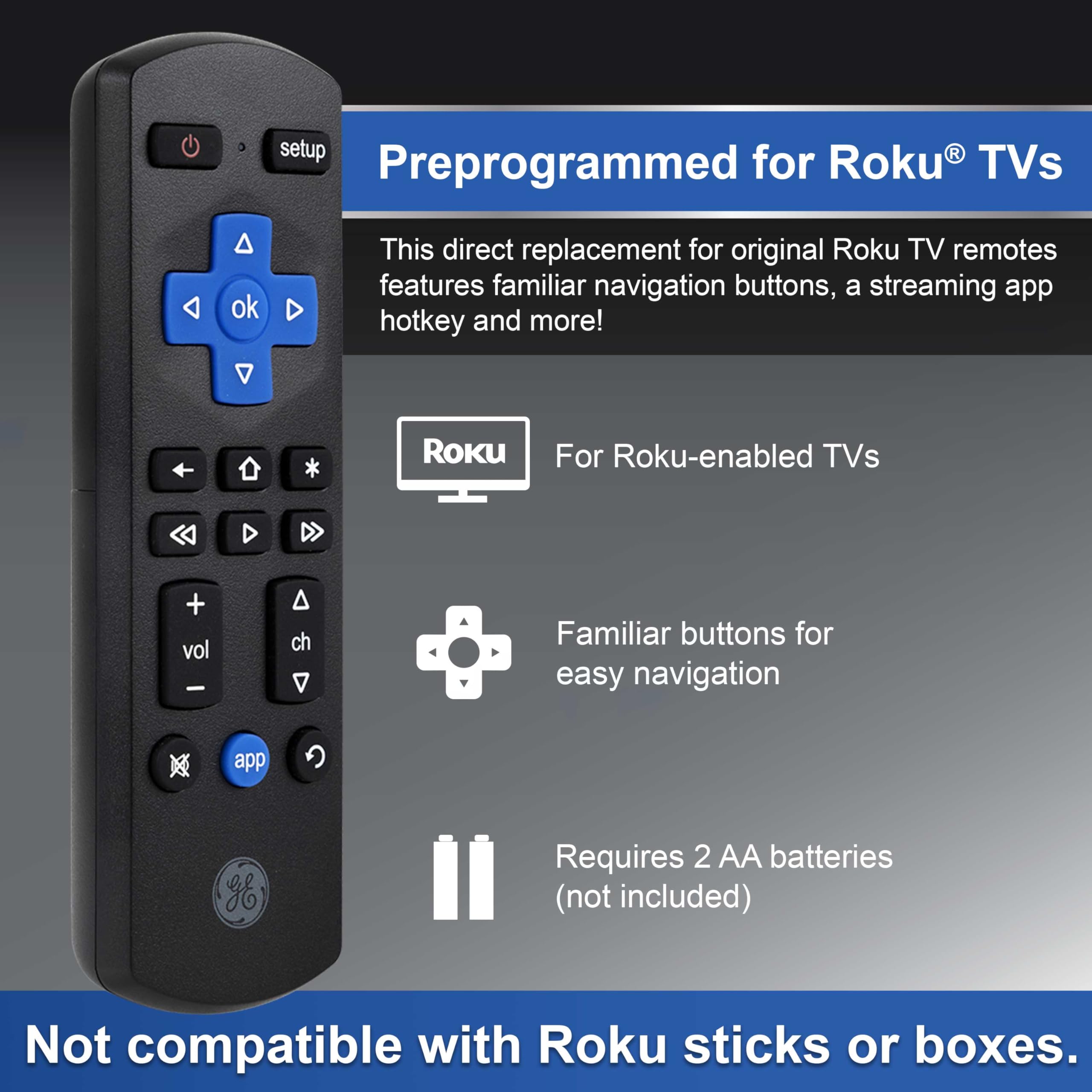 GE Roku TV Remote Replacement Only for ROKU TV and TCL/ONN/Hisense/Sharp/Element/Westinghouse/Philips Replacement Remote 66814