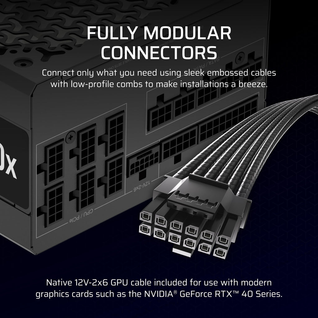Corsair RM1000x ATX 3.1 PCIe 5.1 Ready Fully Modular 1000W Power Supply – Low-Noise, Cybenetics Gold Efficiency, Native 12V-2x6 Connector – Black