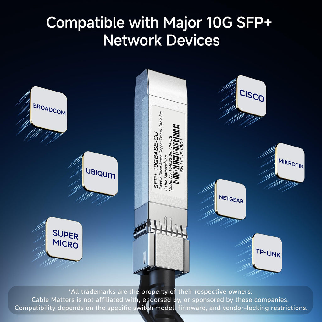 Cable Matters 10Gbps DAC Twinax SFP Cable - 2m / 6.6ft, 10GBASE-CU Passive Direct Attach Copper Twinax SFP+ Cable, Compatible with Cisco, Ubiquiti, Huawei, Netgear, & Supermicro Devices
