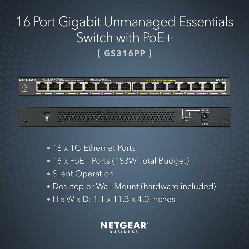 FYLINA Muscle Massage Gun, Deep Tissue Muscle NETGEAR 16-Port Gigabit Ethernet Unmanaged PoE+ Switch (GS316PP) - with 16 x PoE+ @ 183W, Desktop/Wallmount, Sturdy Metal