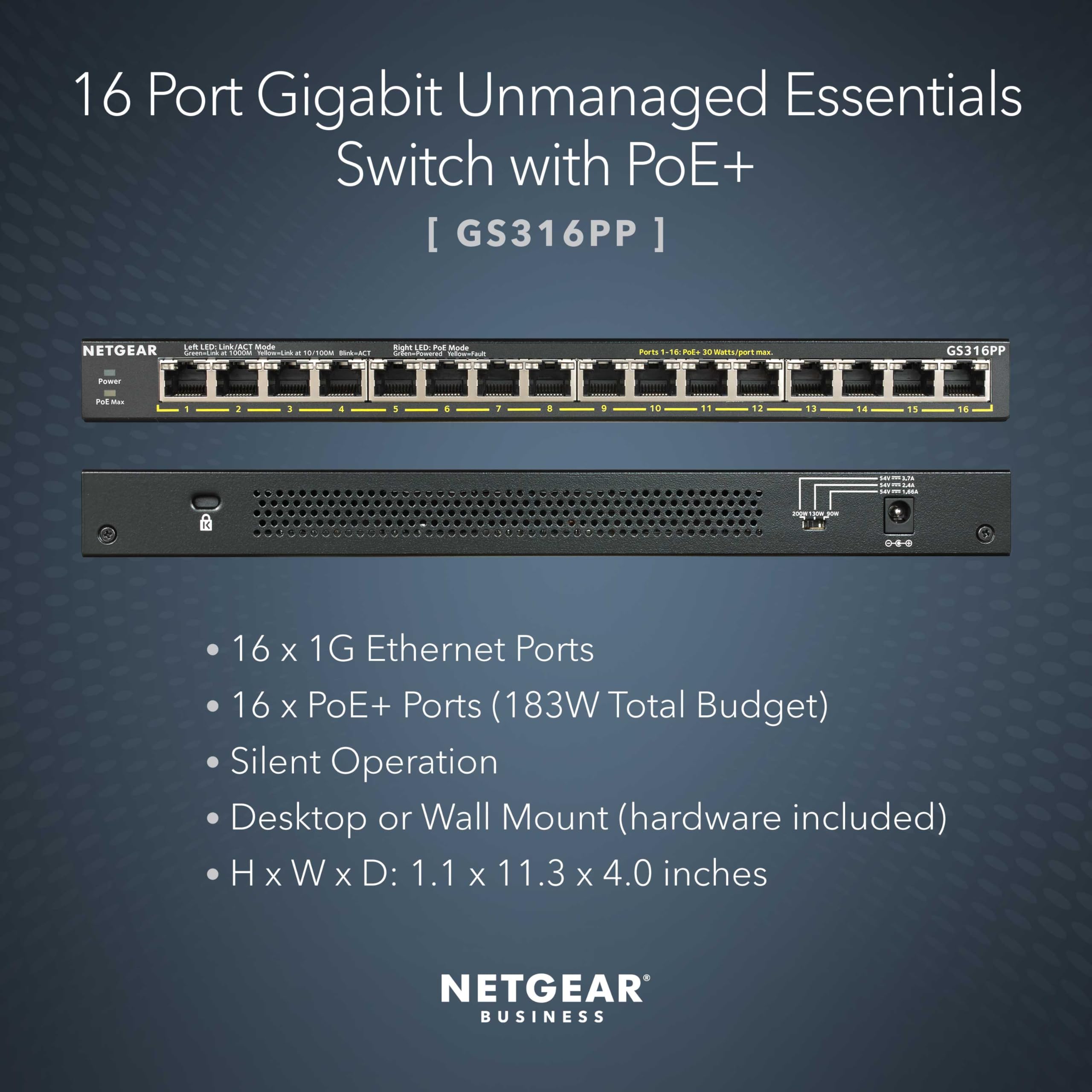 FYLINA Muscle Massage Gun, Deep Tissue Muscle NETGEAR 16-Port Gigabit Ethernet Unmanaged PoE+ Switch (GS316PP) - with 16 x PoE+ @ 183W, Desktop/Wallmount, Sturdy Metal