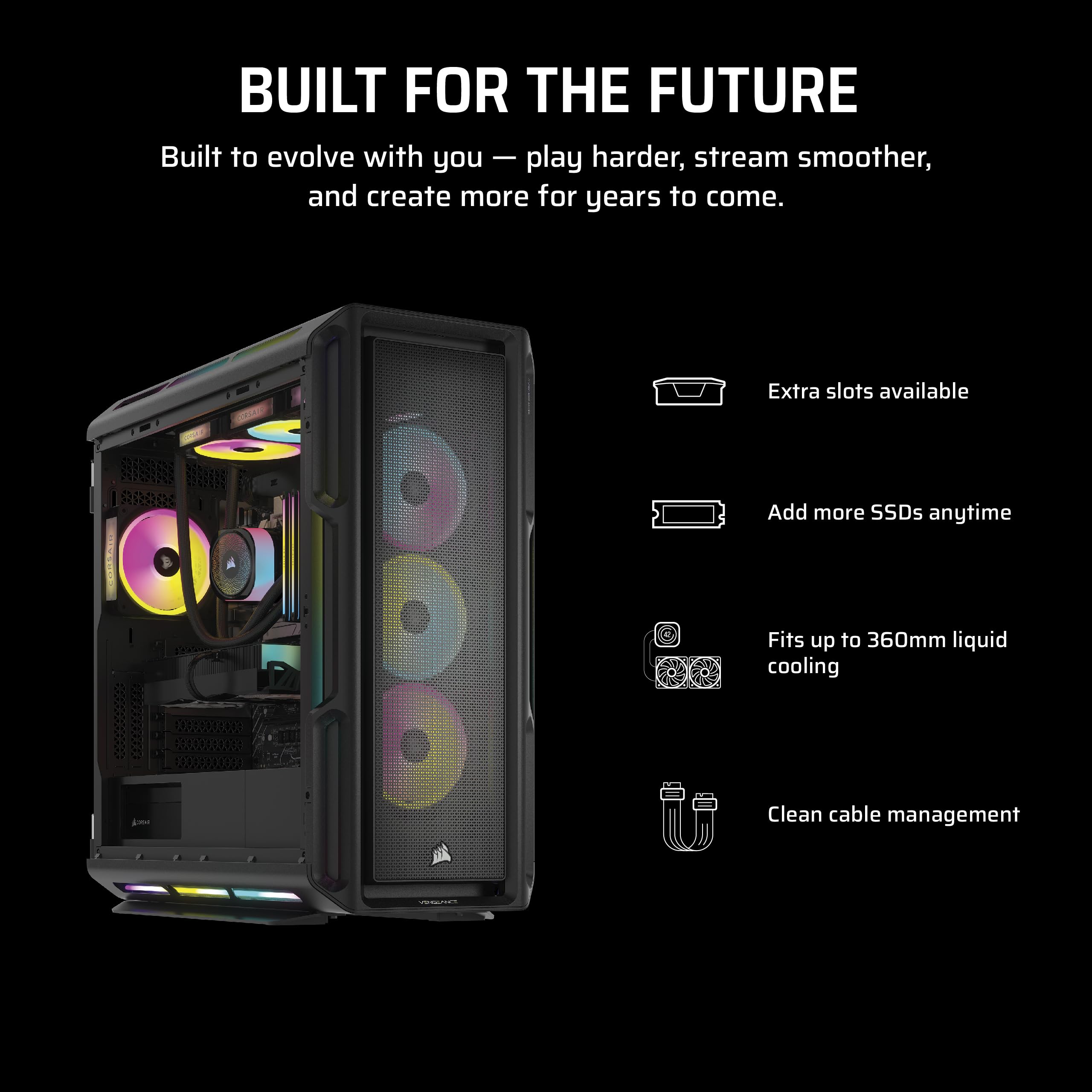 Corsair Vengeance i8200 Gaming PC – Liquid Cooled Intel® Core™ i9 14900KF CPU – NVIDIA GeForce RTX 5080 GPU – 64GB Dominator Titanium RGB DDR5 Memory – 2TB+2TB M.2 SSD – Black