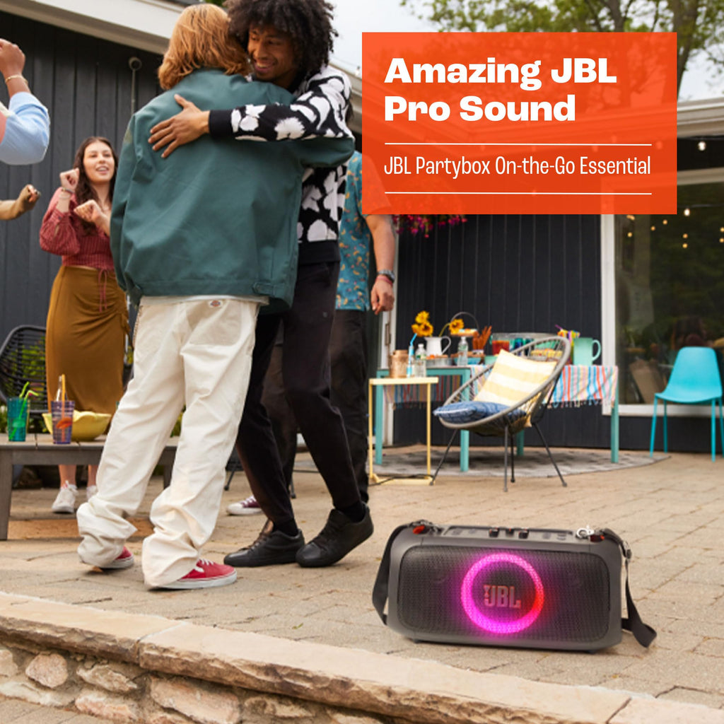 JBL PartyBox On-The-Go Essential Portable Bluetooth Light Effect Speaker, 100W Power, 6 Hour Playback, IPX4 Splash Resistant - Black