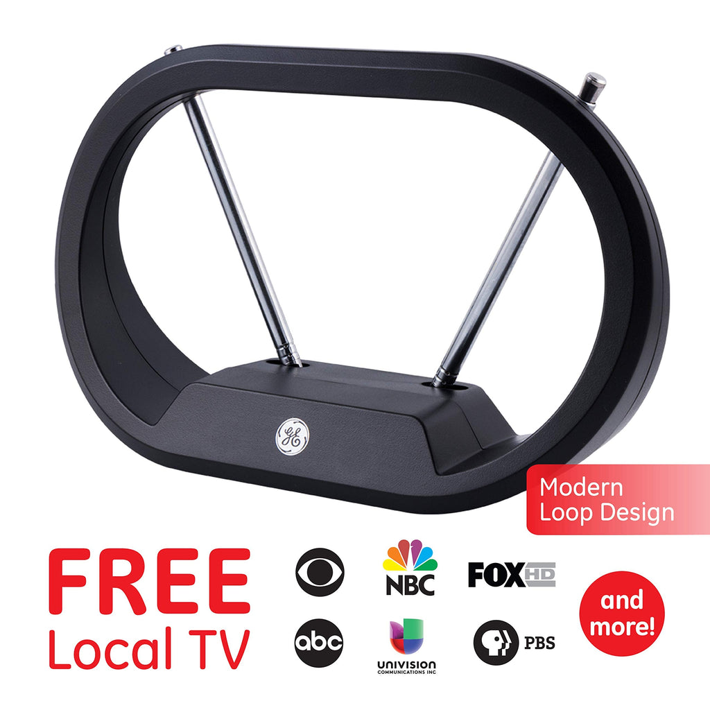 GE UltraPro Traditional Rabbit Ears Indoor Black TV Antenna, Dipoles, Weighted Base, Tabletop Antenna, Digital, HDTV Antenna, Smart TV Compatible, 4K 1080P VHF UHF, Compact Design, 33675