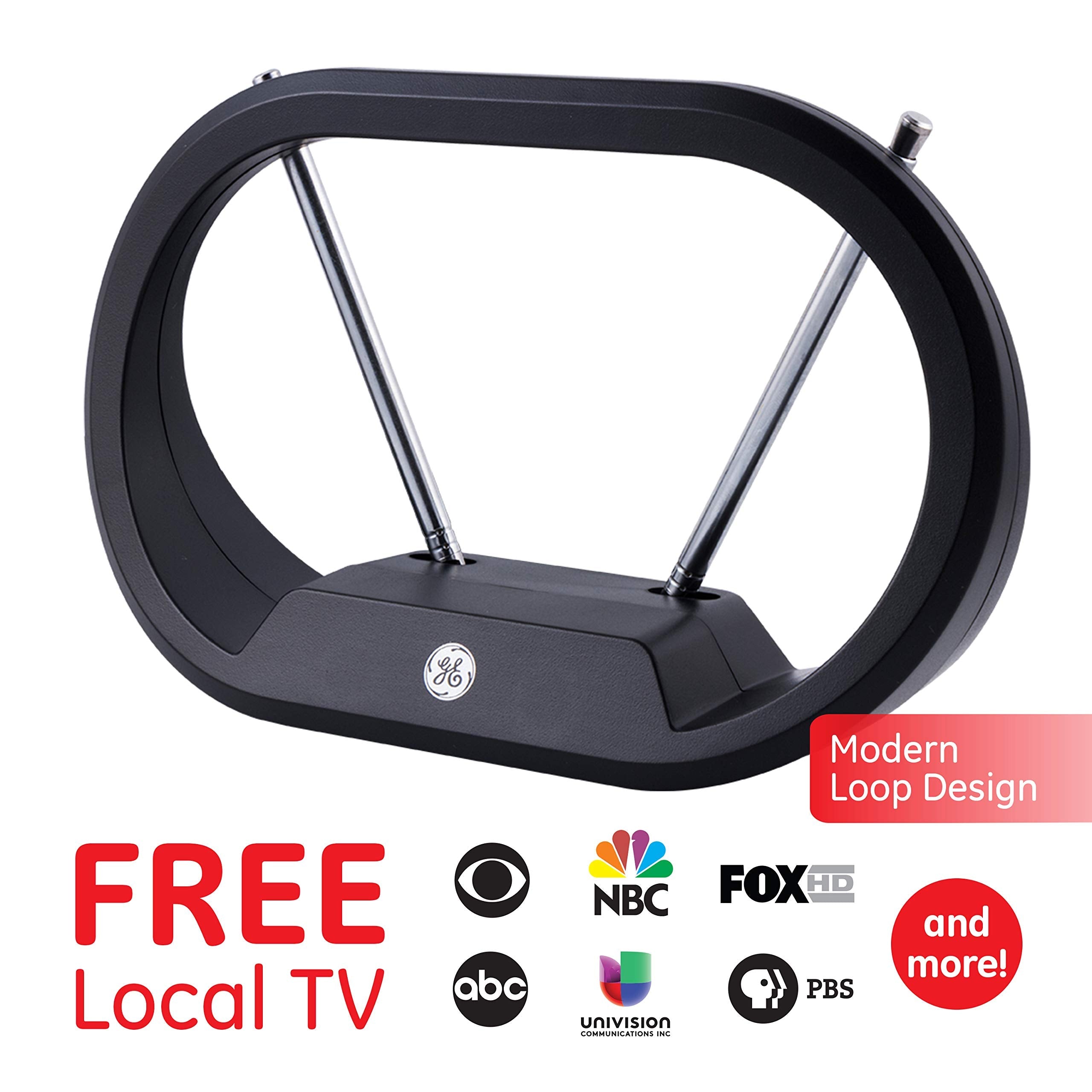 GE UltraPro Traditional Rabbit Ears Indoor Black TV Antenna, Dipoles, Weighted Base, Tabletop Antenna, Digital, HDTV Antenna, Smart TV Compatible, 4K 1080P VHF UHF, Compact Design, 33675