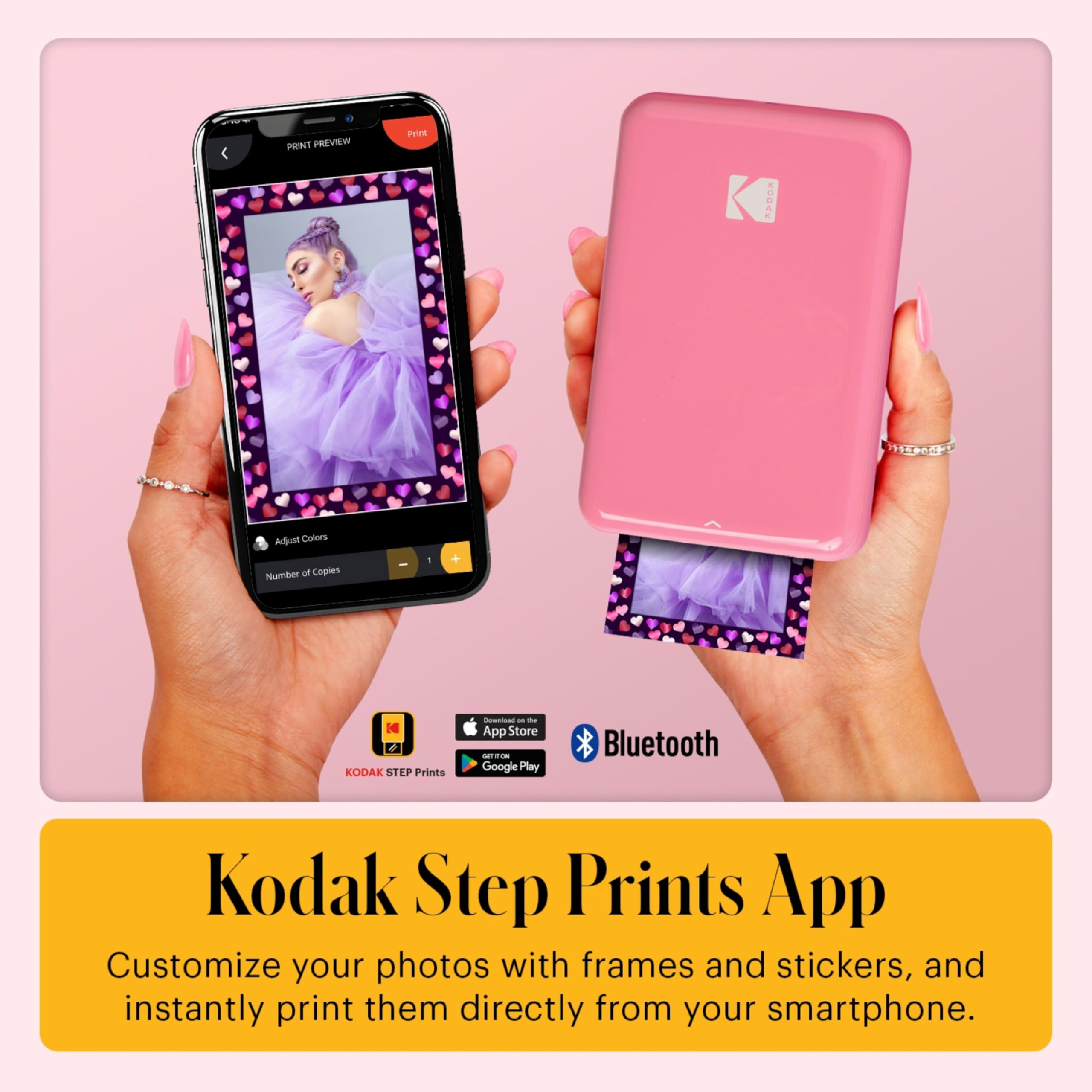 Kodak Step Instant Smartphone Photo Printer, Portable Mini Color Wireless Mobile Printer, Zink 2x3” (5.1x7.5 cm) Sticky-Back Photos, Bluetooth, 75 Sheets Bundle, Pink